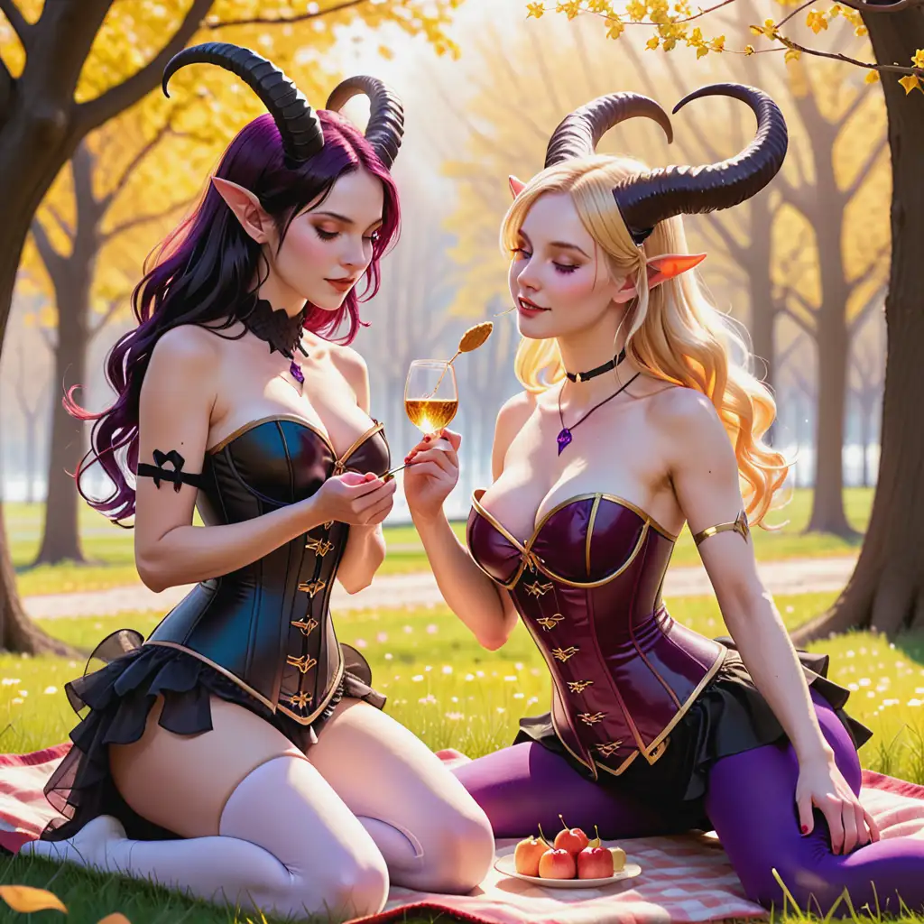 fantasy theme, two people having a picnic on an idyllic spring day, one the left a crimson_succubus with black horns and long pointed ears, on the right a pale faunperson with long faun ears and short curled goat horns, the blonde faunperson's lightly freckled skin shines in the golden sunlight as they sing, purple musical notes float around in the air next to the crimson_succubus's short dark hair, the crimson_ succubus wears a black and gold corset