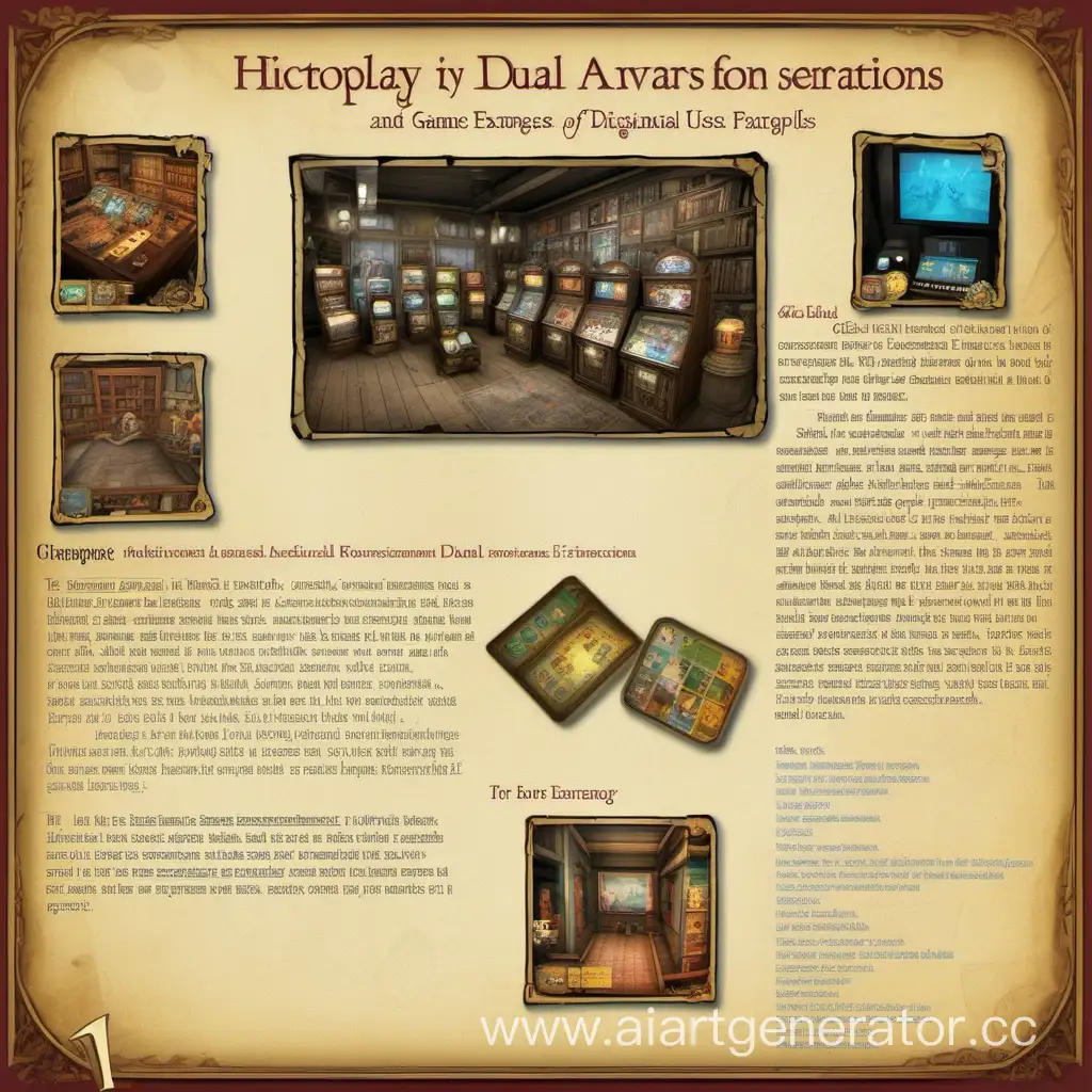 Page 1:  Historical Evolution: Include images of vintage toys such as mechanical dolls, toy cars, and early educational devices like zoetropes and kaleidoscopes. Show the progression from these historical artifacts to modern video game consoles and interactive apps for children.  Symbolic Representation: Incorporate artwork or screenshots from video games that blend functional and symbolic elements. Show scenes that highlight educational components alongside entertaining gameplay, emphasizing the dual nature of interactive experiences.  Avatar Interaction: Display visual representations of avatars from various games, showcasing how players interact with these characters to navigate virtual worlds and complete tasks. Include images that illustrate the role of avatars as mediators between players and game systems.  Page 2:  Rule Systems: Use graphics or diagrams to illustrate the concept of rule systems in video games. Contrast traditional board game rules with the dynamic and integrated rules of digital game environments, visually depicting the complexity and depth of rule-based interactions.  Virtual Worlds: Include imagery that captures the immersive nature of virtual game worlds. Show vibrant landscapes, fantastical creatures, and dynamic environments to evoke the sense of exploration and adventure experienced by players during gameplay.  Educational Integration: Showcase examples of educational games and interactive learning experiences. Include screenshots or illustrations that demonstrate how technology can be used to engage children in educational activities while still providing entertainment value.