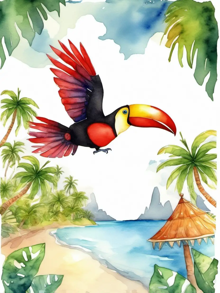 Vibrant Red Toucan Soaring Above Tropical Island in Stunning Watercolor