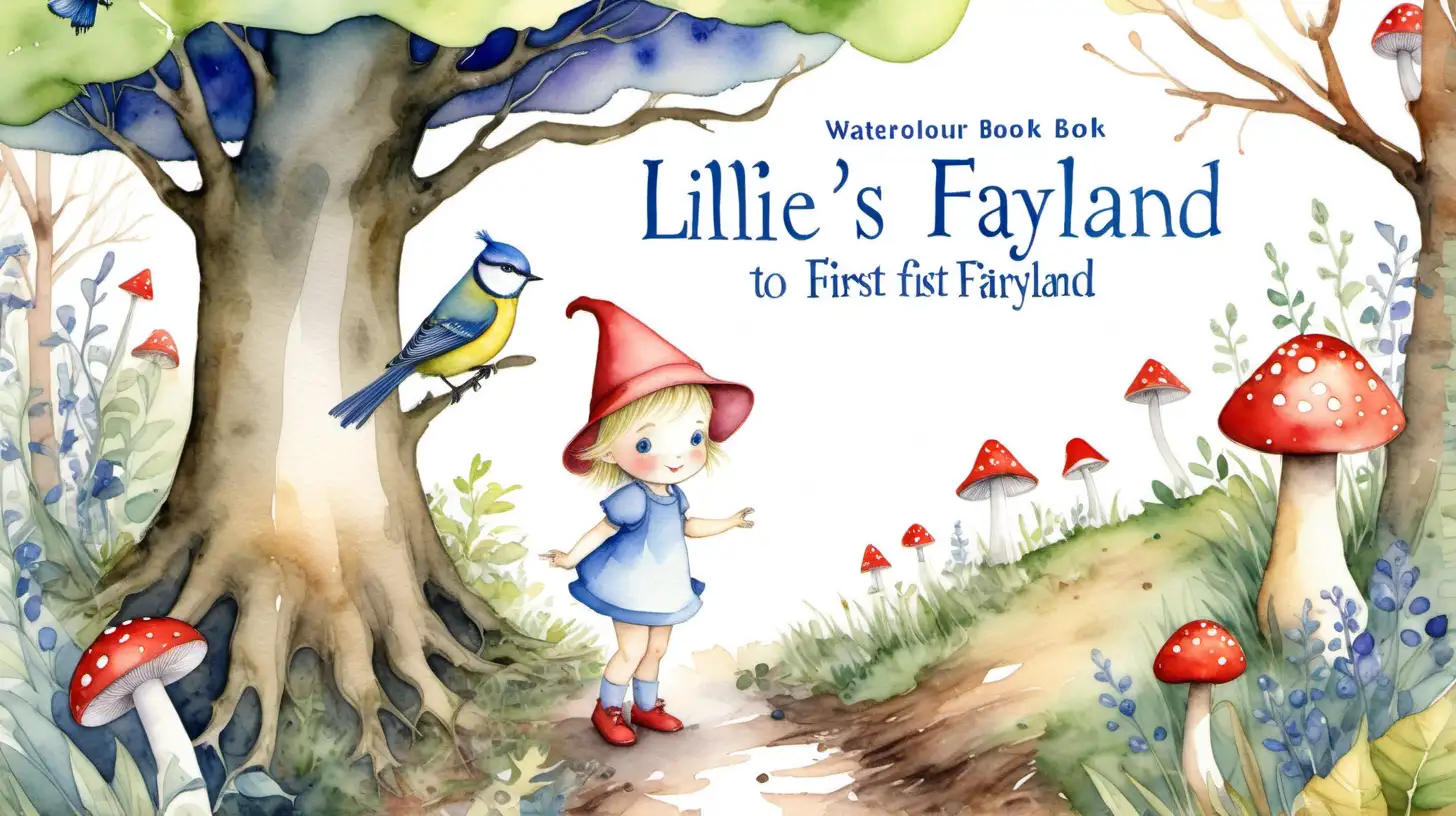 A watercolour book cover with the title ‘Lillie’s first visit to Fairyland’ written in text in the Centre of the picture. In the woods. A dark blond baby girl with short hair and blue eyes wears a toadstool colored hat. A bluetit is in a tree. 
