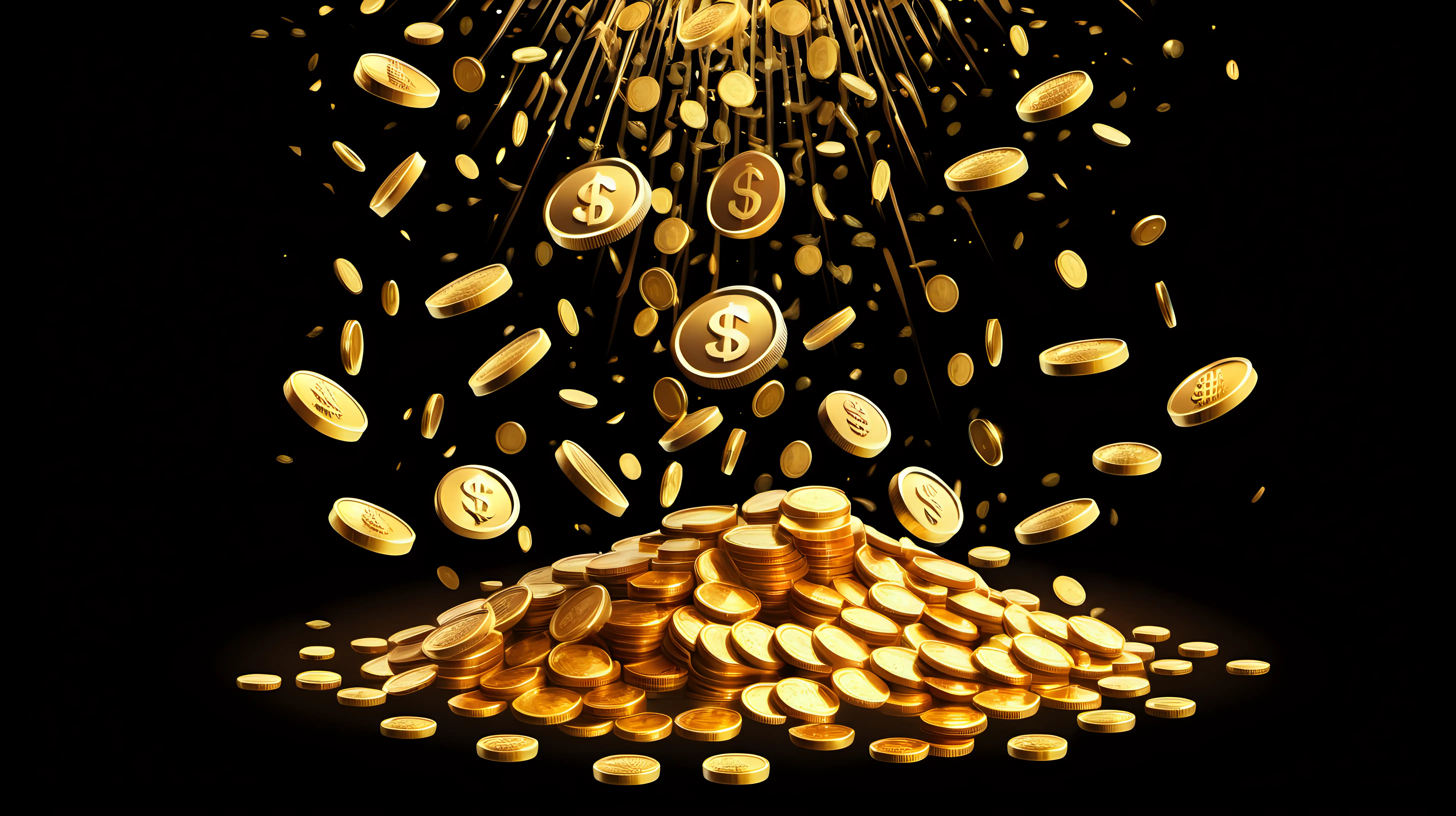 Gold money rain. Golden coins of million dollars lottery games prize. Cash explosion and flying.