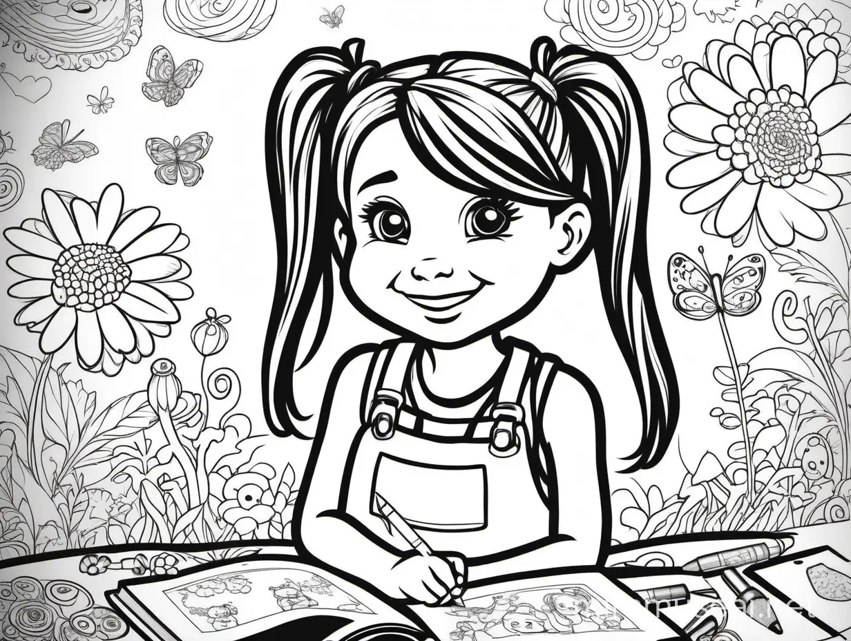 Joyful Illness Cheerful 4YearOld Girl with Ponytails in Black and White Coloring Book Style