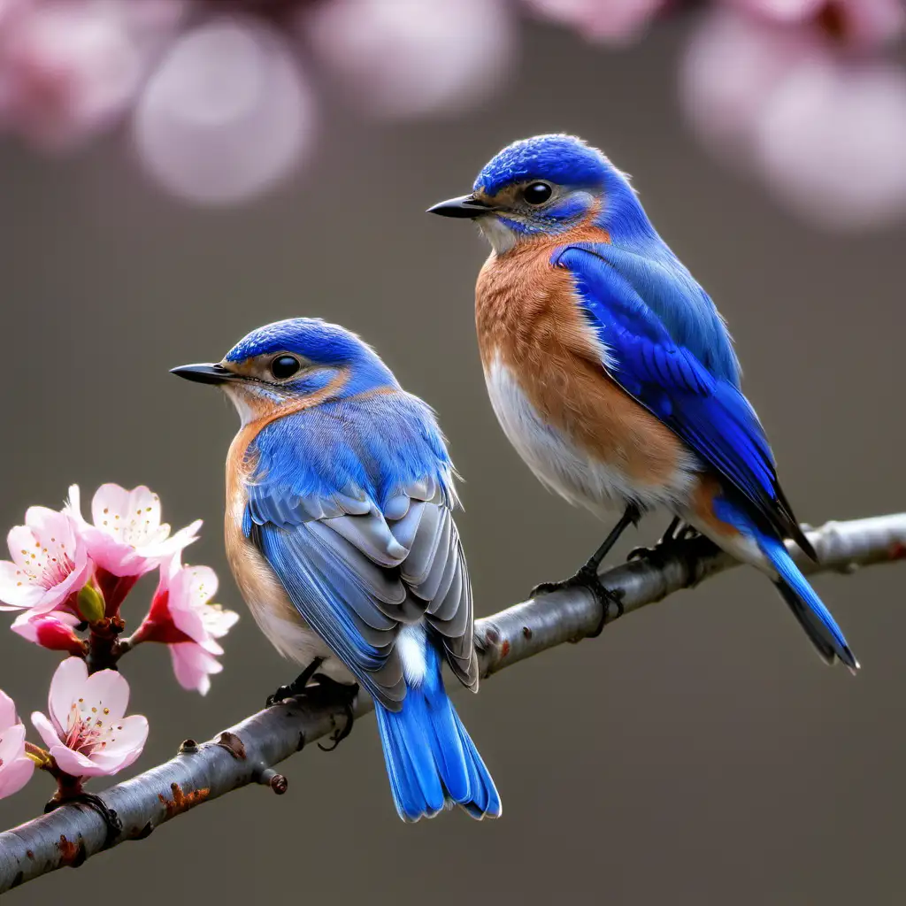 Super sharp photo, eastern bluebirds, perched branch, cherry tree with vibrant pink blossoms. male bluebird has bright, royal blue back and rust-colored chest, female more subdued blue tone with hints of orange on her chest, The background is a soft, out-of-focus green. 