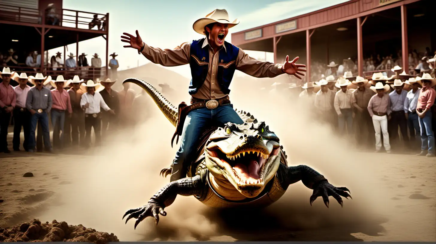 /imagine prompt: A dynamic scene of a cowboy, clad in a traditional Western outfit with a wide-brimmed hat, energetically riding a large alligator. The alligator's mouth is wide open, displaying its teeth, and they are set in a dusty rodeo arena with an excited crowd in the background. The action is captured in vivid detail, emphasizing the motion and the surreal moment. Created Using: intense action, realistic textures, detailed expressions, crowd atmosphere, earthy color tones, high definition, natural look --ar 16:9 --v 6.0
