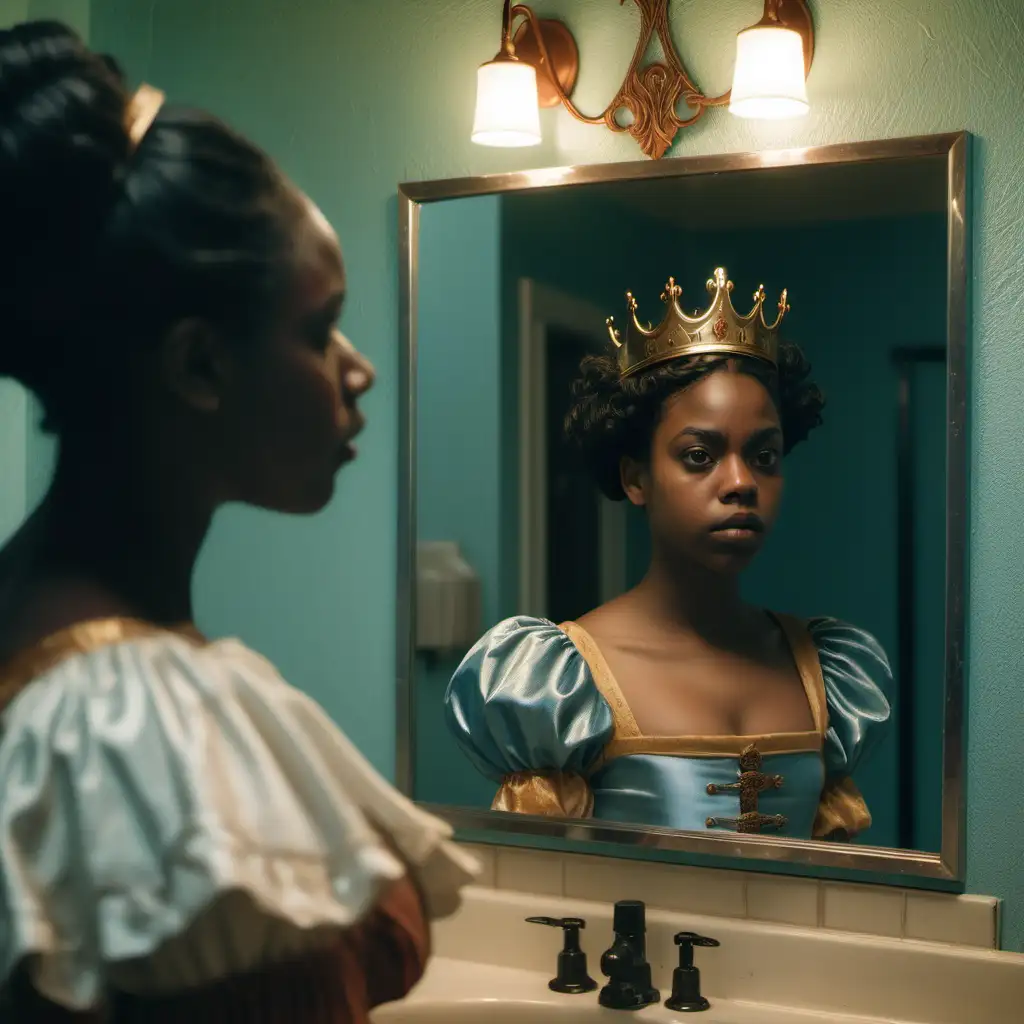 In the same frame, we see an uncertain black girl look at herself in a dingy motel bathroom mirror and sees the reflection of a regal confident medieval Queen