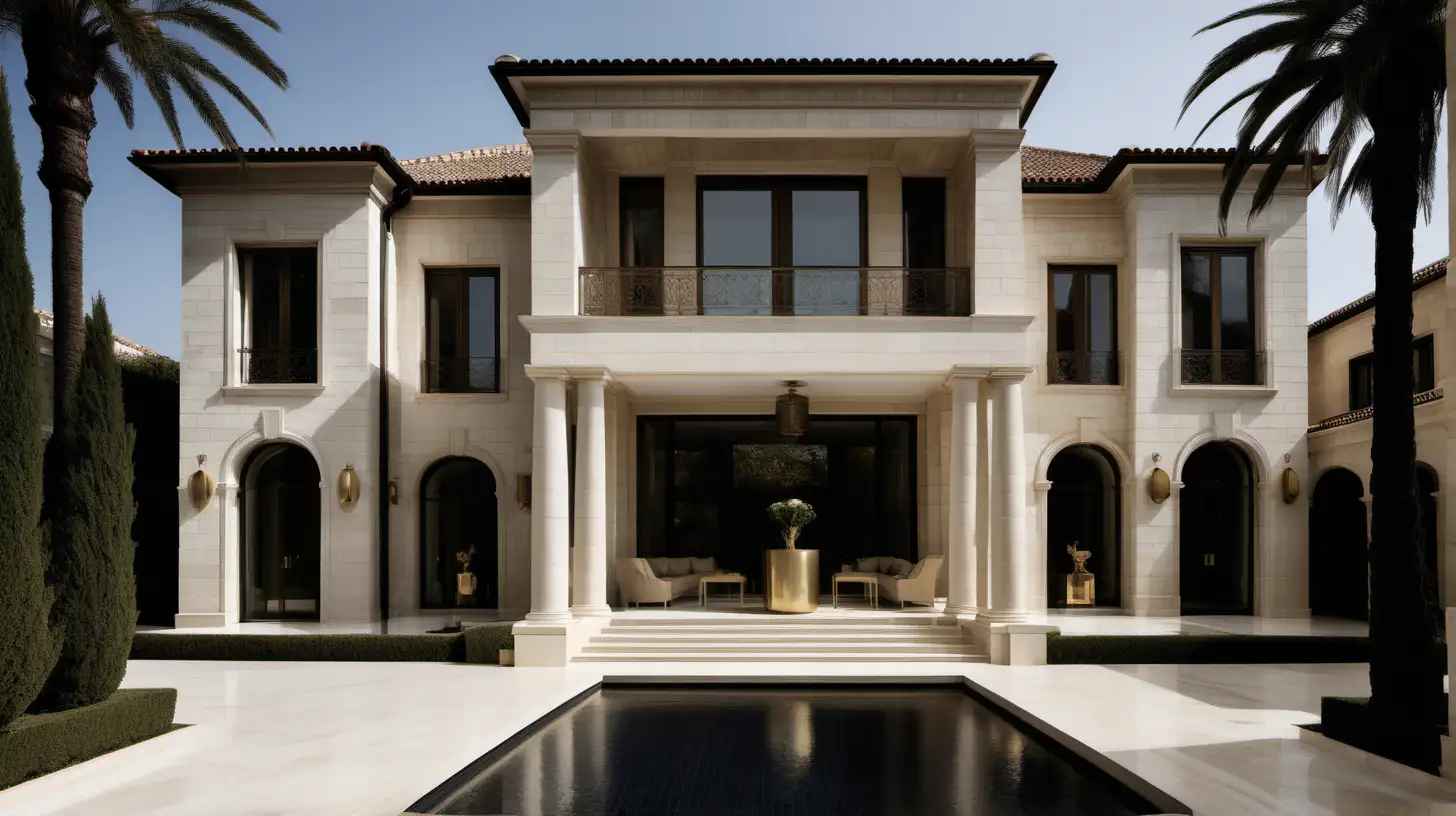 grand modern mediterranean home; limestone, brass, oak, beige colour palette