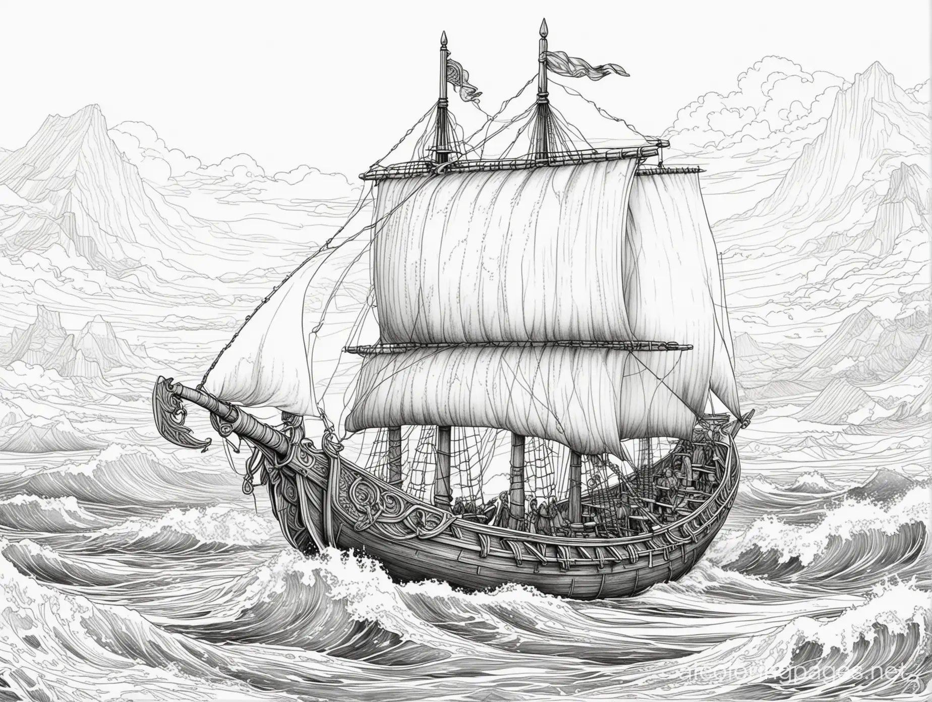 Viking longship sailing on stormy seas, Coloring Page, black and white, line art, white background, Simplicity, Ample White Space. The background of the coloring page is plain white to make it easy for young children to color within the lines. The outlines of all the subjects are easy to distinguish, making it simple for kids to color without too much difficulty