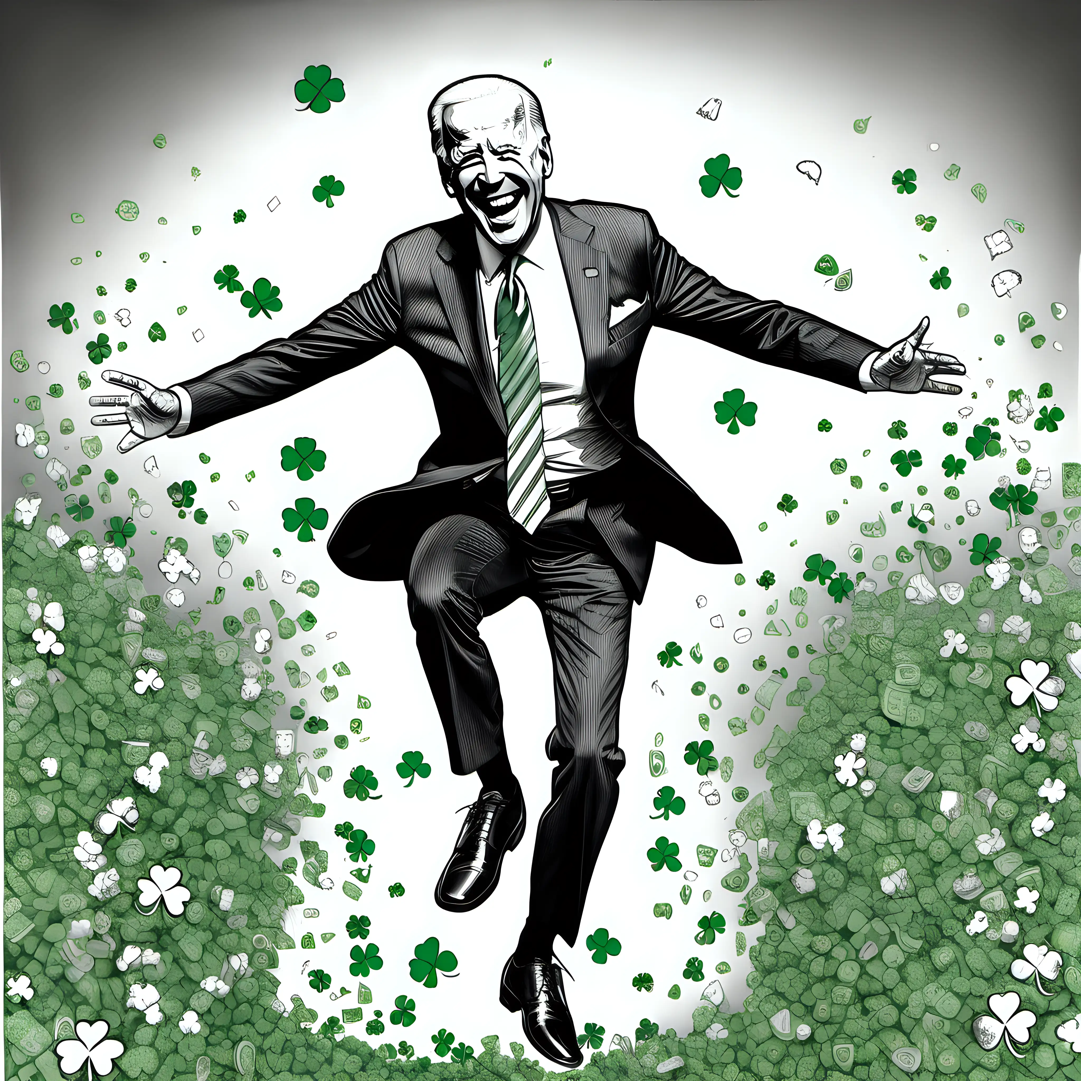 a B&W  drawing of president biden tripping and falling dressed to celebrate st patricks day with no background
