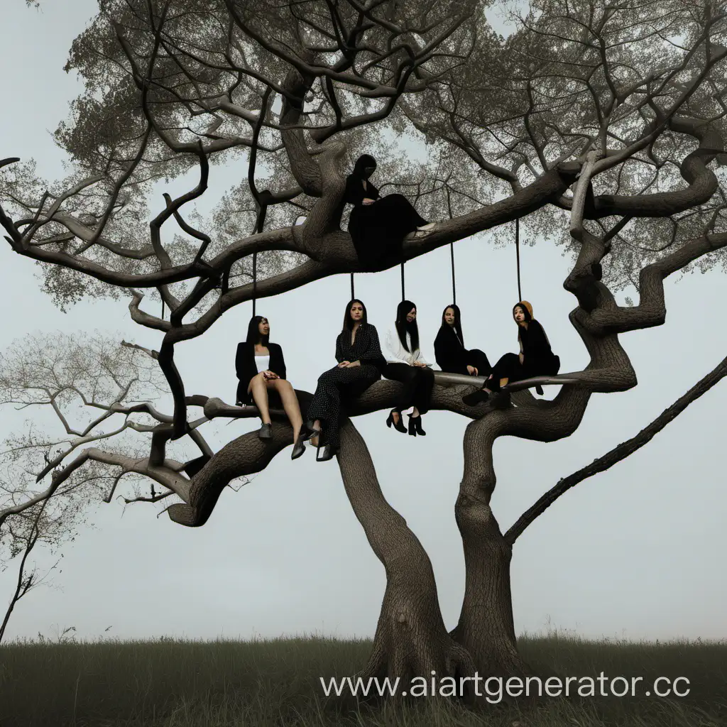 Serene-Women-Relaxing-on-Tree-Branches-in-Nature