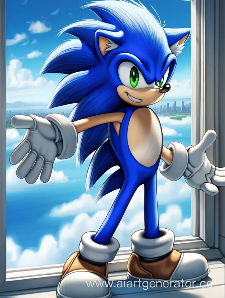 1boy, male focus, gloves, solo, green eyes, white gloves, smile, furry male, furry, indoors, closed mouth, window, standing, sky, blue fur, watermark, artist name, day, cloud, blue sky, blue hair, sonic the hedgehog