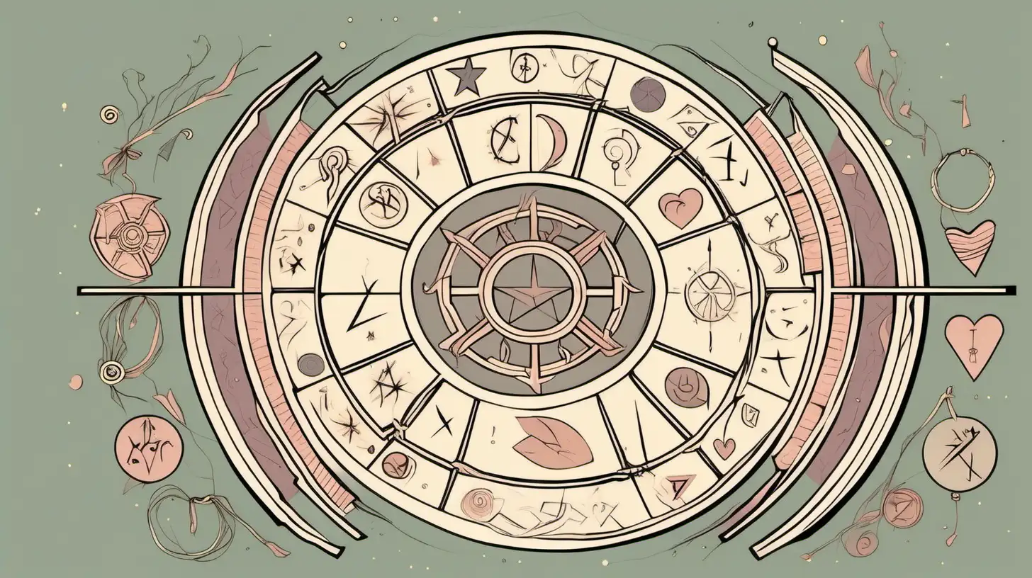 ASTROLOGICAL WHEEL, RUNE SYMBOLS ,LOVE Loose lines. Muted color, ADD ribbon style BANNER 