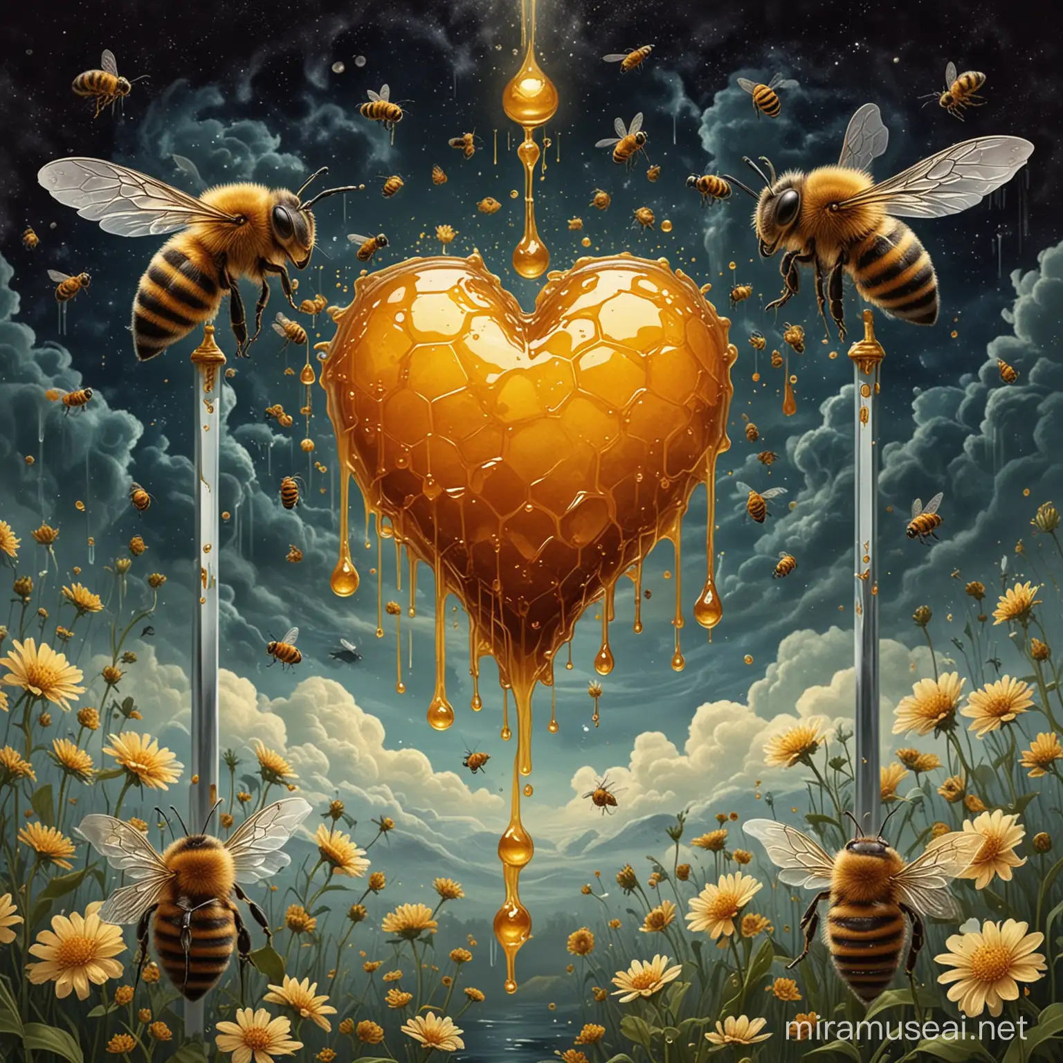 Create a 3 of Swords tarot card that has a beehive shapped heart drippoing honey with 1 sword piercing through the top left, 1 sword piercing the top middle, and 1 sword piercing through the top right. Floating around the heart are 3 honeybees with sharp stingers are the swords. The background is a dark cosmic portal with honeybees swarming. The 3 swords are designed like bee covered by dripping honey.