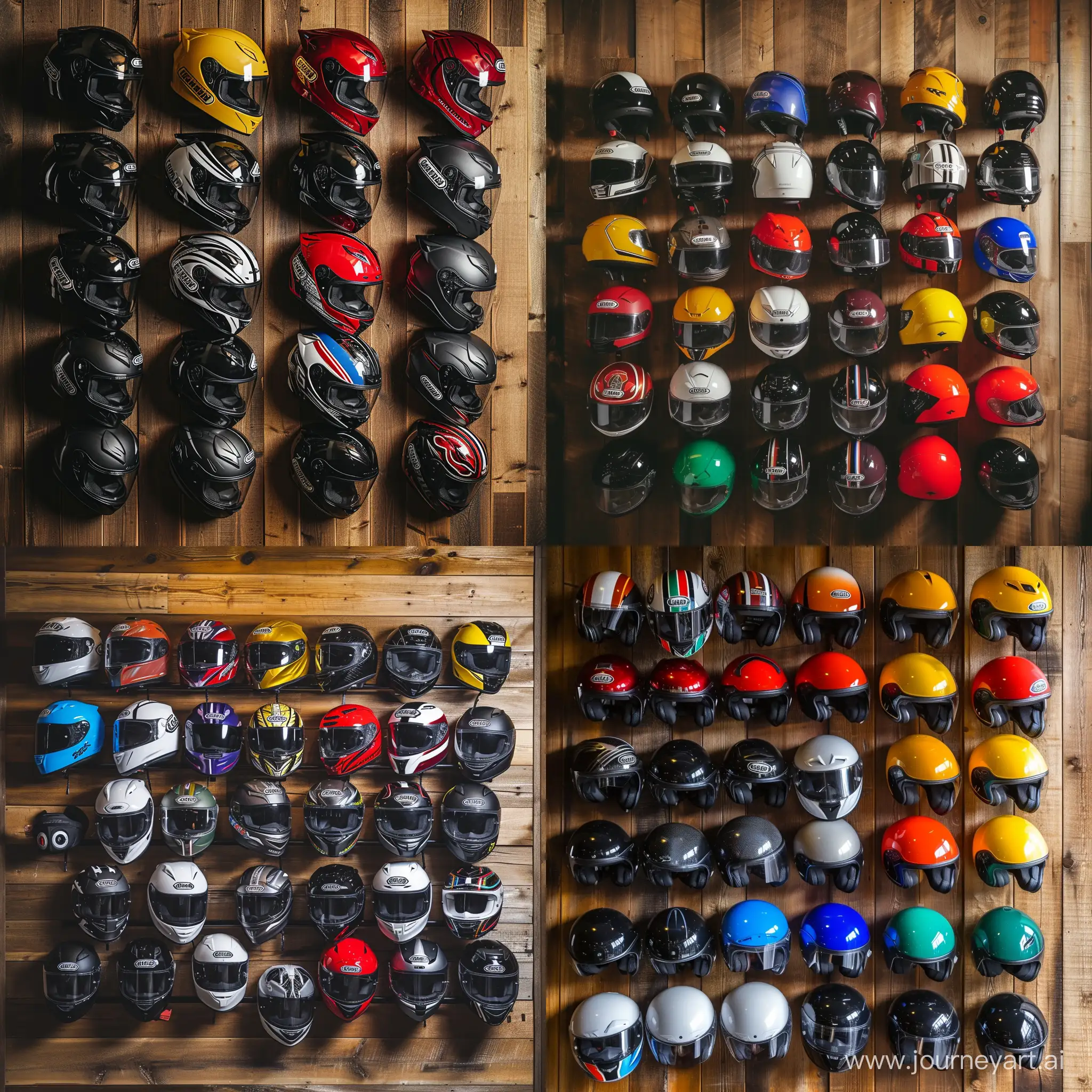 Diverse-Array-of-Neatly-Hung-Motorcycle-Helmets-on-Stylish-Wooden-Wall