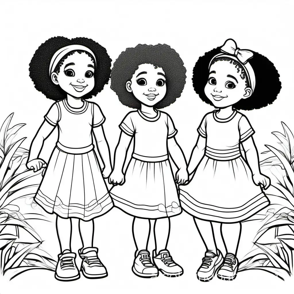little black girls playing, Coloring Page, black and white, line art, white background, Simplicity, Ample White Space. The background of the coloring page is plain white to make it easy for young children to color within the lines. The outlines of all the subjects are easy to distinguish, making it simple for kids to color without too much difficulty