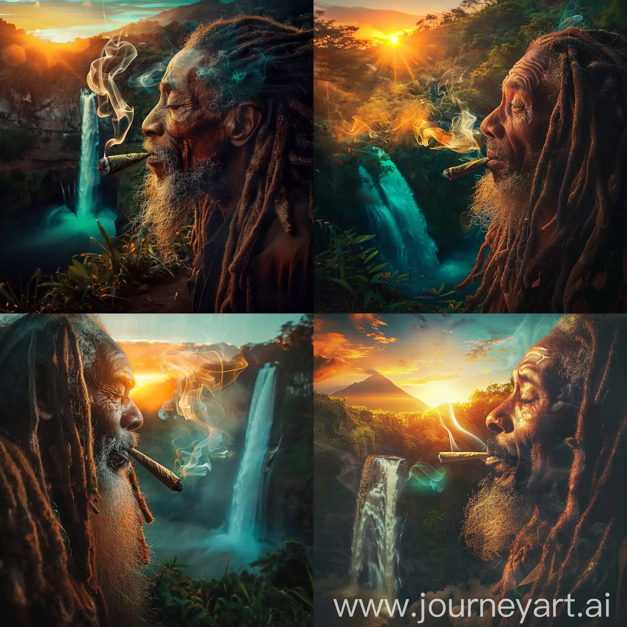 Photo an happy Old rastafari man with dreadlocks smoking a spliff in the Jamaican hills by a waterfall at sunset. his face is lit from the side, the smoke is glowing from the sunset. his facial contours are well defined by shadows

The only colours are brown, green, orange and blue