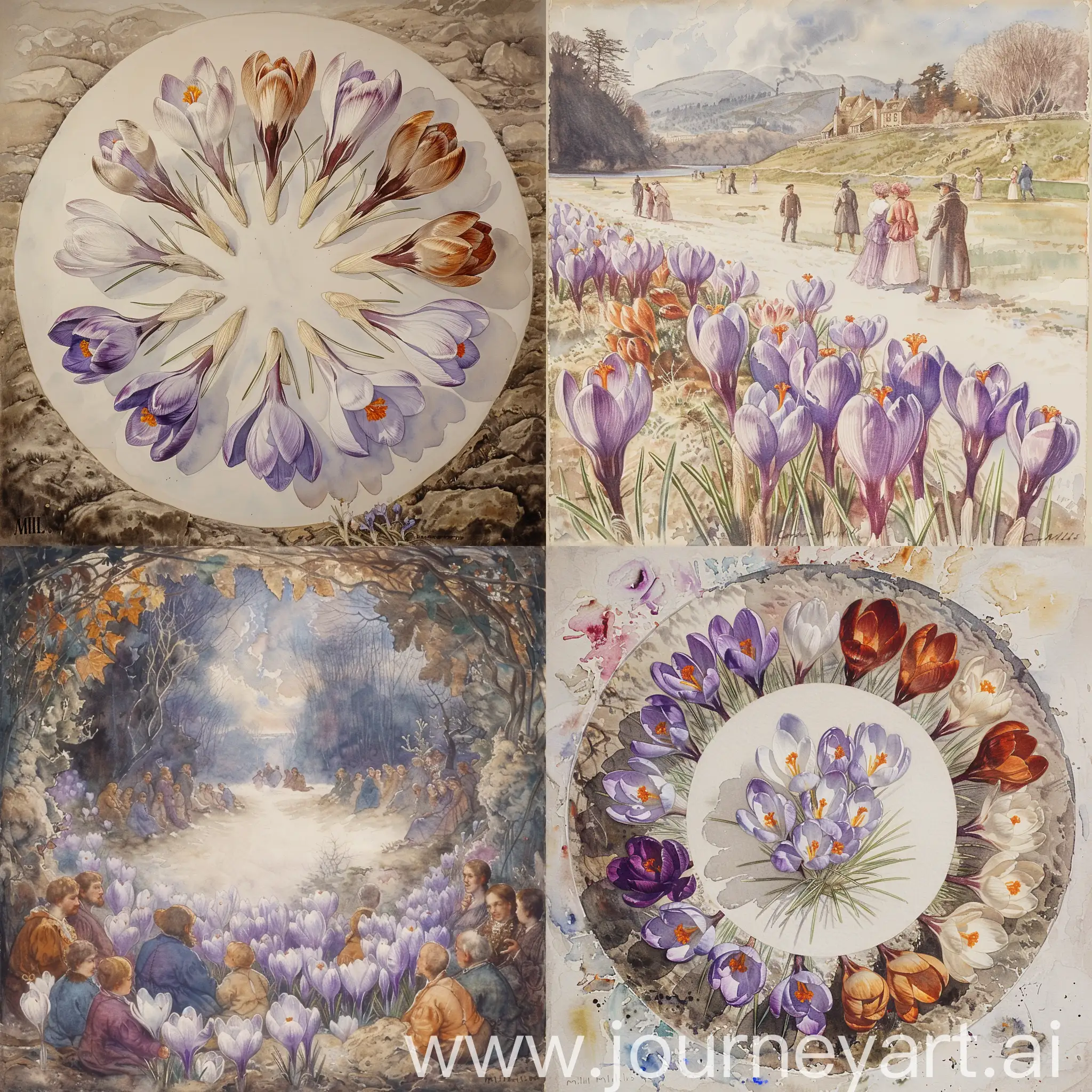 Vibrant-Crocuses-on-White-Watercolor-Paper-Millaiss-Classical-Style-Painting