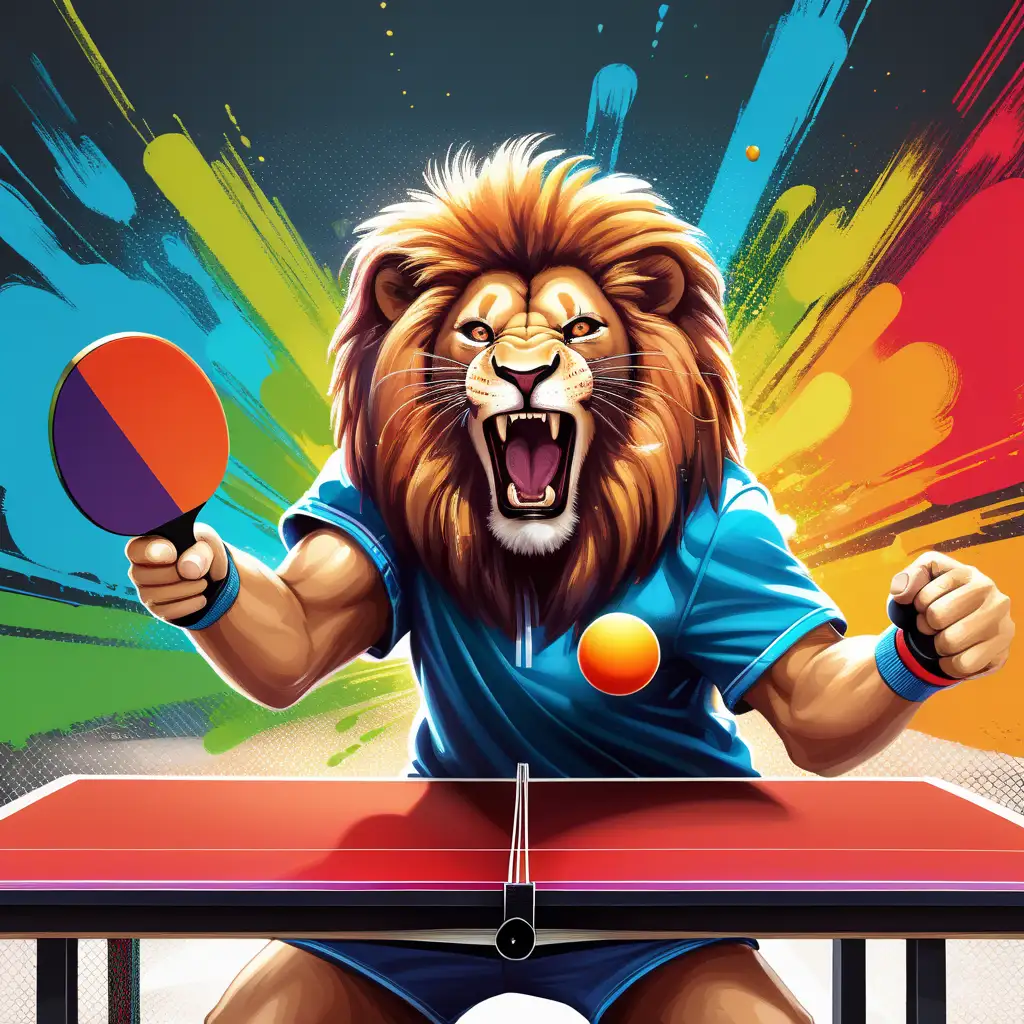 colorful lion in hood roaring and playing table tennis