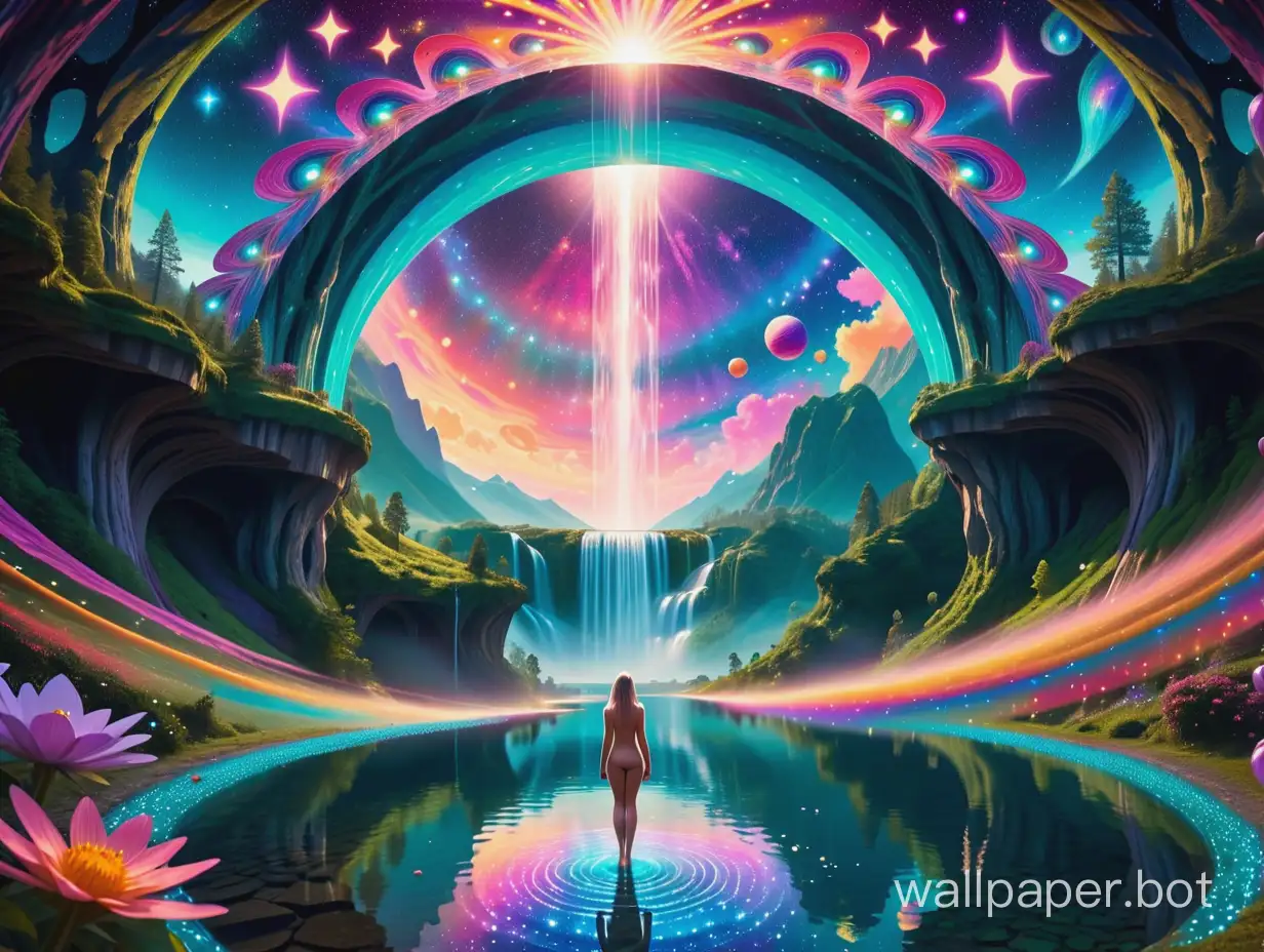 Flying nude fairies  facing the viewer and a psychedelic river of stars  with a trippy waterfall and a trippy lake in a trippy valley between crazy mirror  psychedelic mountains under a bright sunny kaleidoscope sky