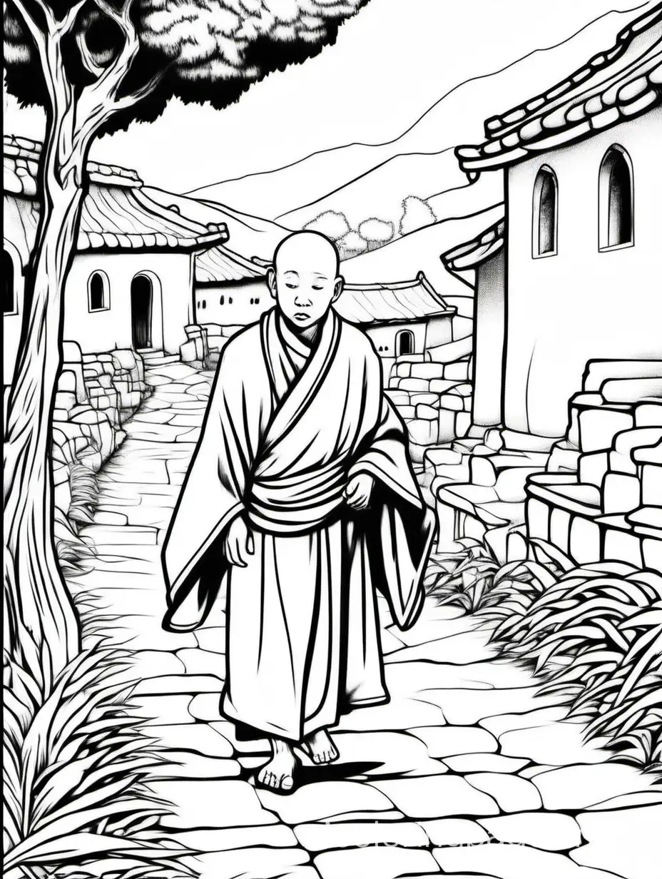 Serene-Monk-Walking-in-Tranquil-Monastery-Garden-Coloring-Page