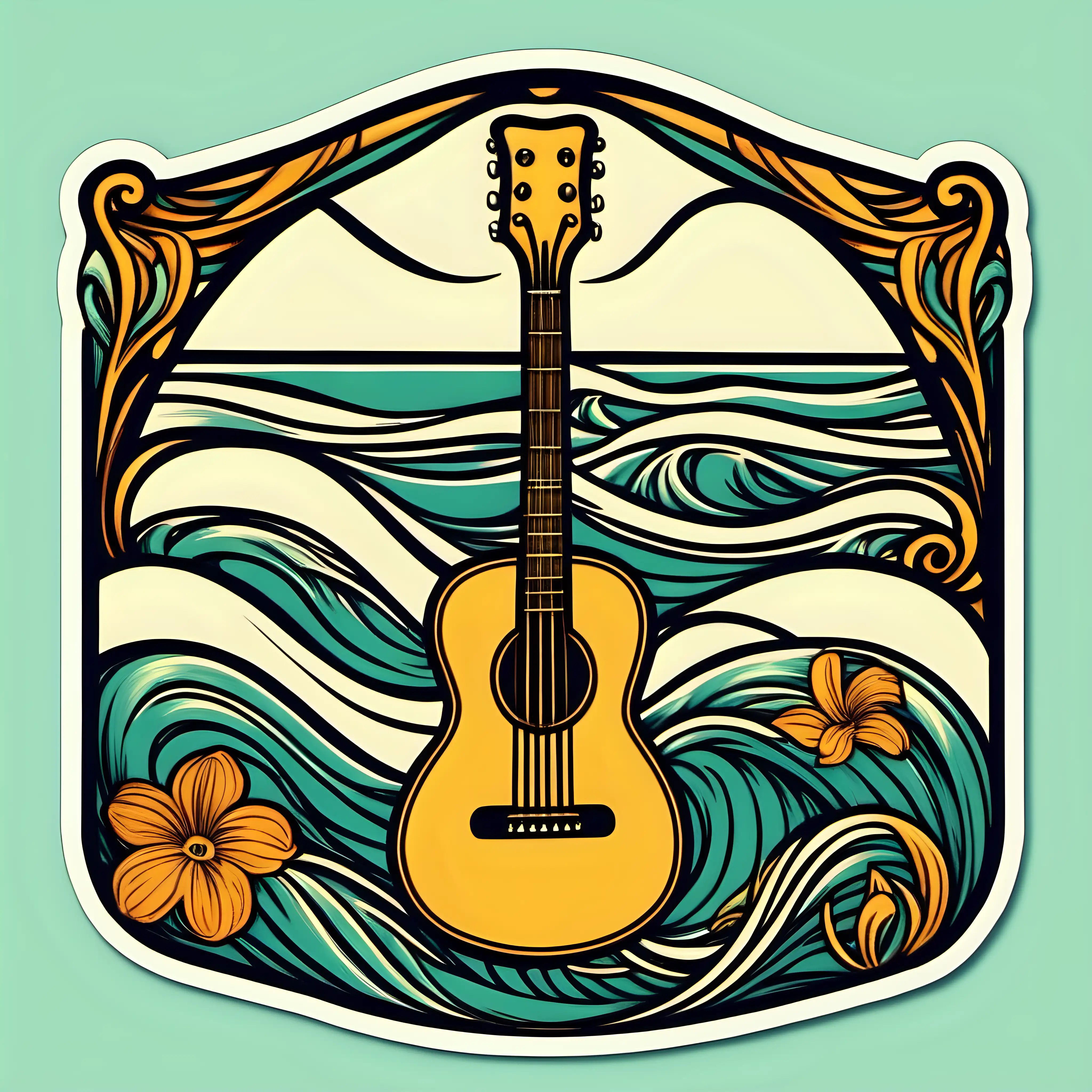 1960 art, image of a guitar,  waves and beach, Art Nouveau floral border, simplified, sticker
