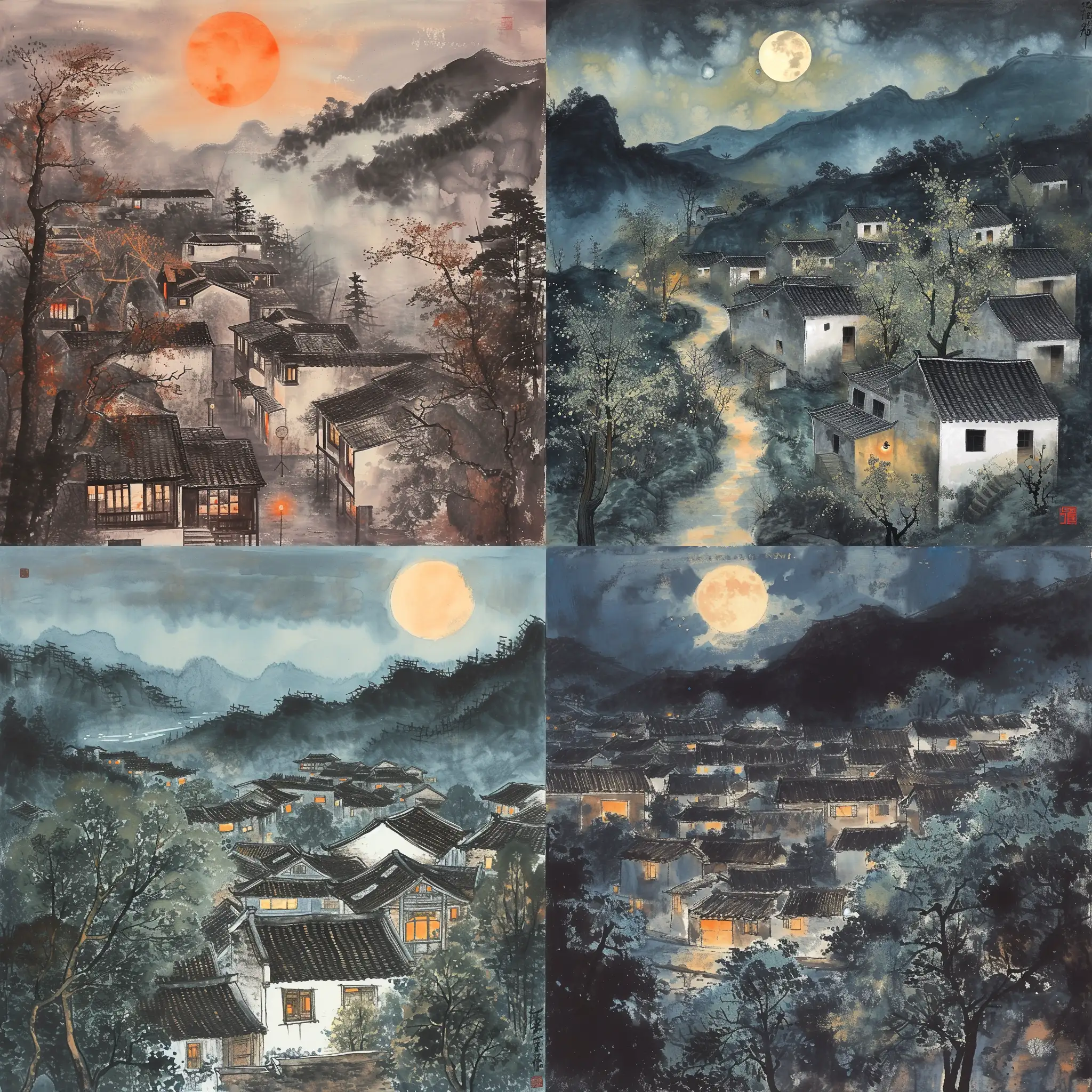 Tradition Chinese Ink Painting style, panorama, Townlet, Moonlight