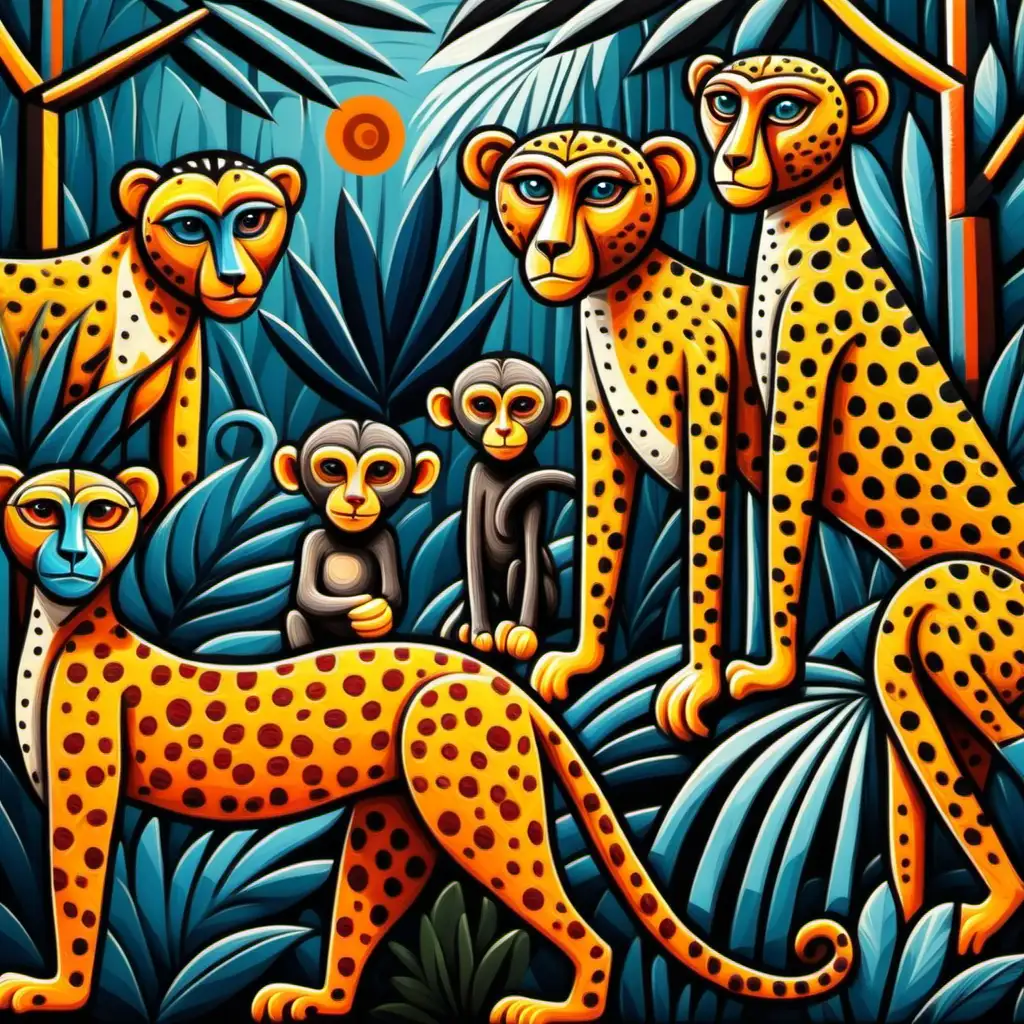 cheertahs and monkeys in the jungle in the style of Picasso 
