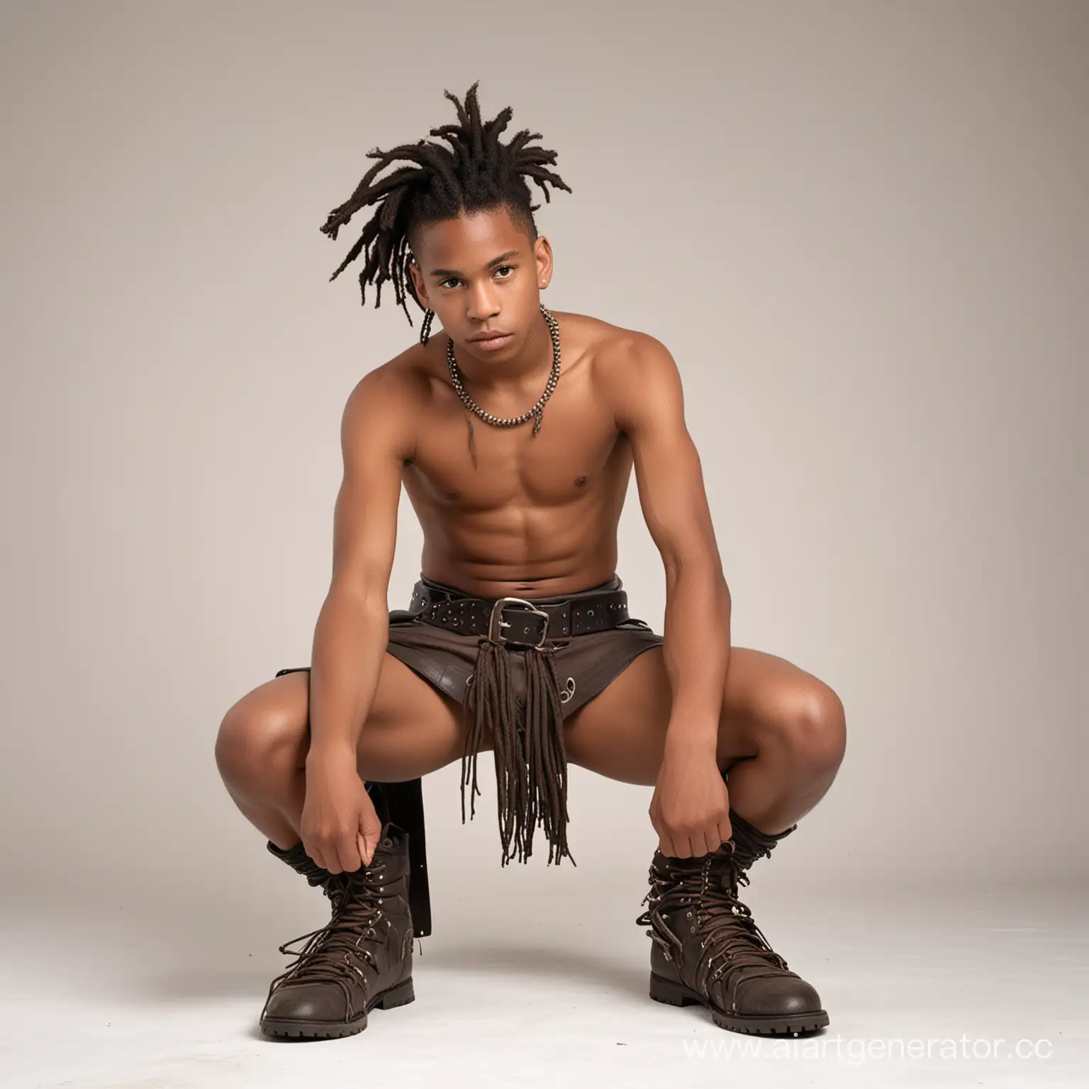 A very young black shirtless teenage boy warrior with dreadlocks, wearing a very short loincloth with a big leather belt and boots, seen from behind crouching, white background.