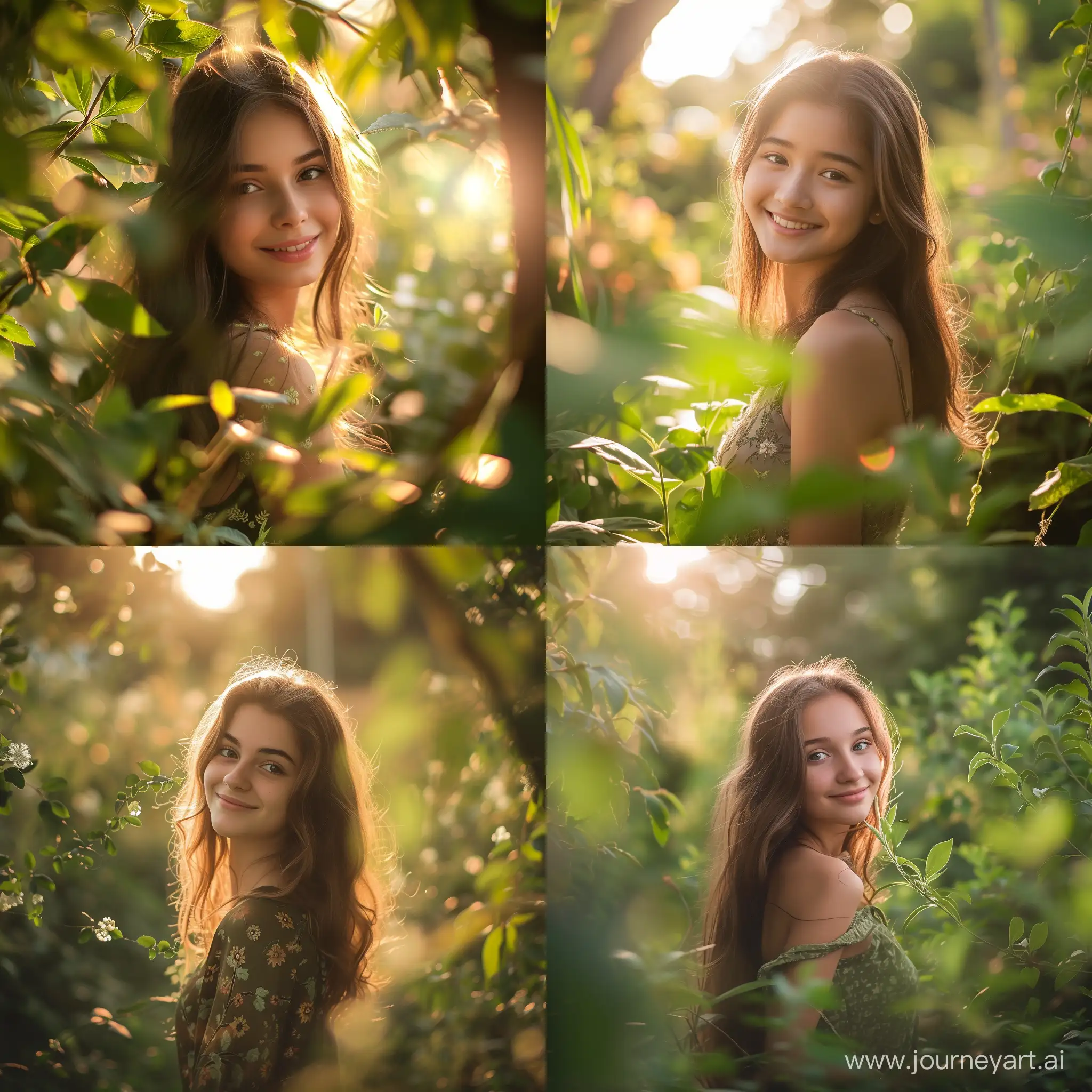 A Girl in green garden potrait . half body , smile , dreamy , outdoor lighting . soft sunlight ,