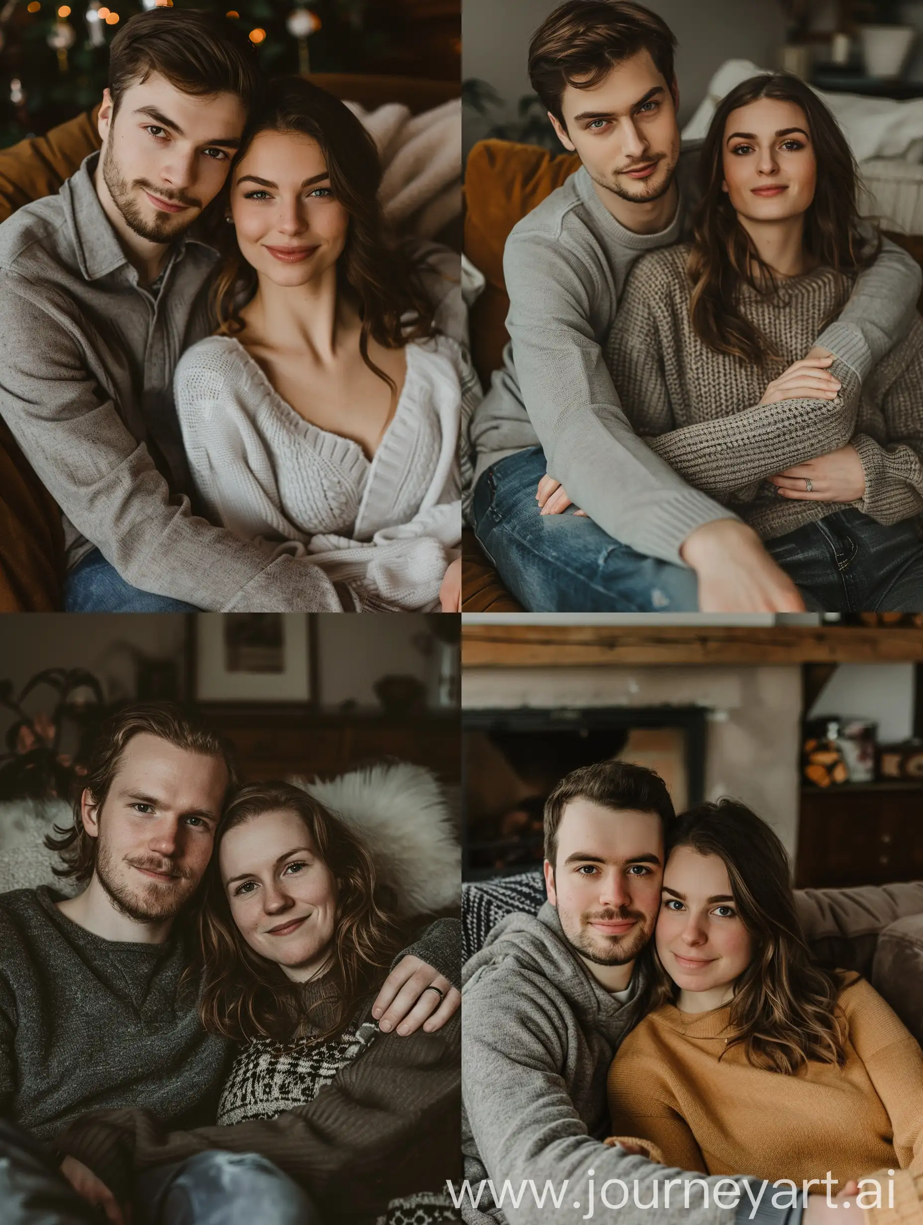Loving couple sitting on a sofa in a cozy setting faces clearly visible and looking at the camera natural pose realistic photo faces relaxed with a slight smile 