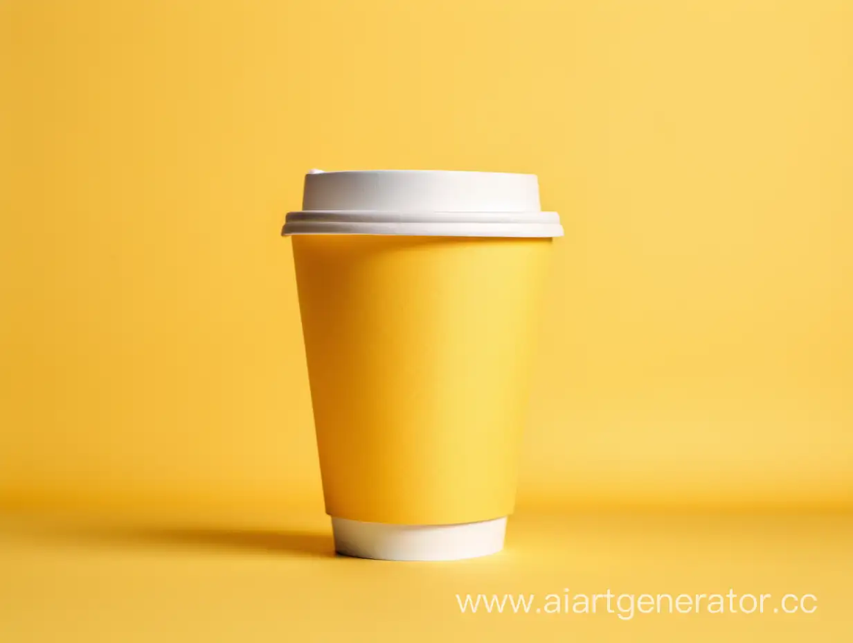бумажный красивый стаканчик кофе на однотонном  светло-желтом 
фоне