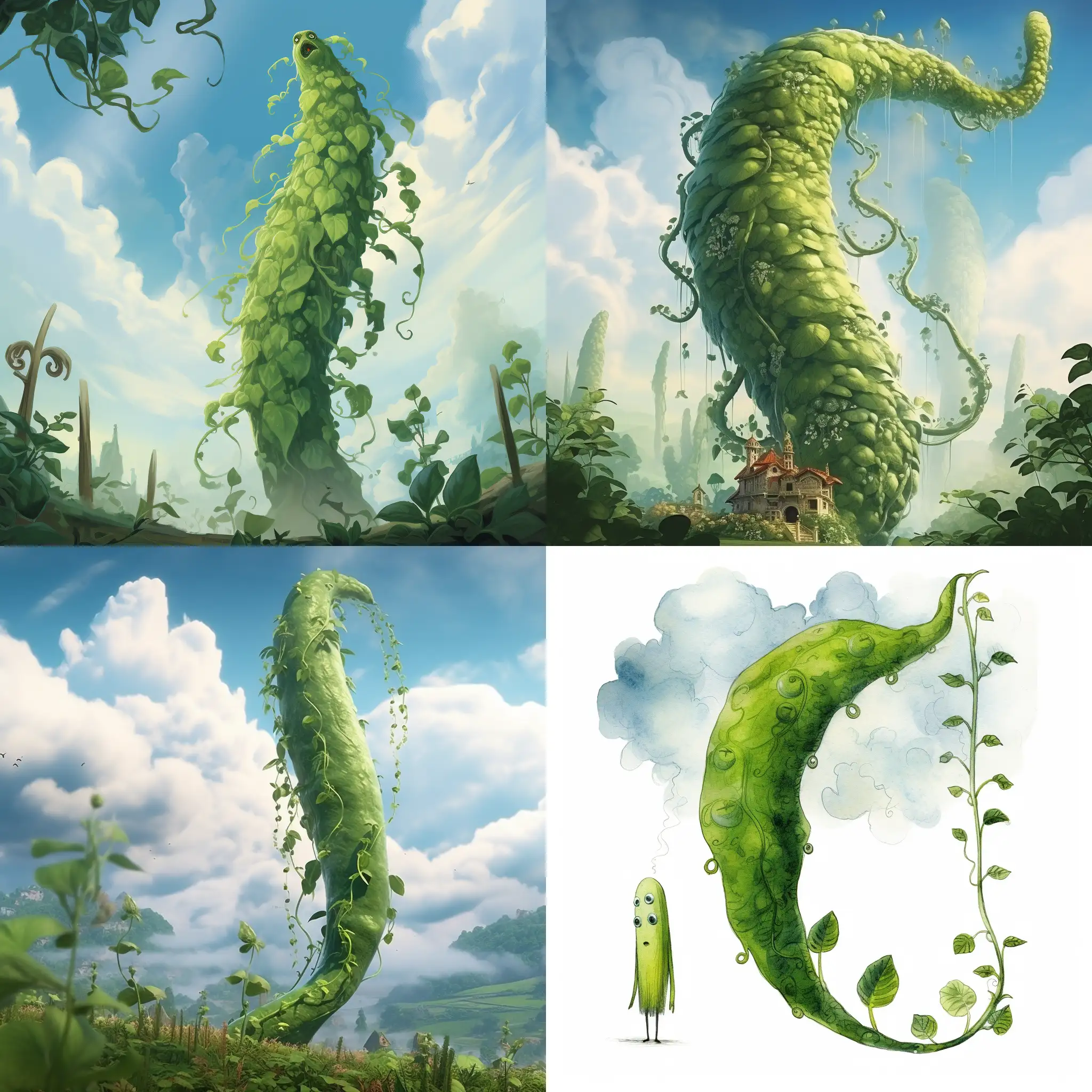 Imagine Příběhoun as a tall bean-like creature with a soft shade of green. Its body could have a texture reminiscent of old books, and a beanstalk-like crest would twirl like a vine with a few beans. Eyes might radiate a magical light, and gentle sparks would emanate from them while telling stories. Delicate clouds would surround its figure, symbolizing its connection with clouds and stories.