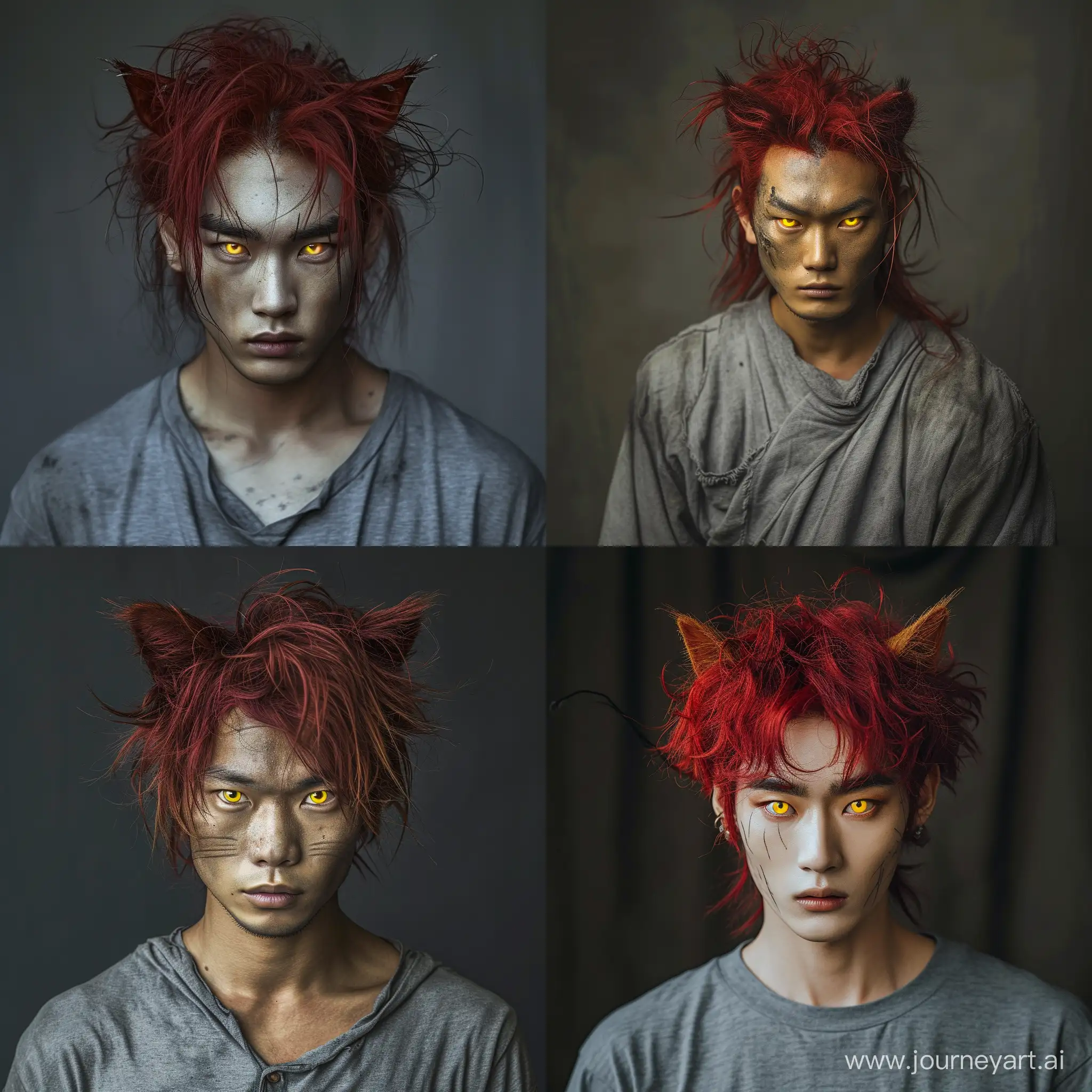 asian, red straight tousled hair, hair sticking out on the sides, yellow eyes, cat ears, no human ears, robber, gray shirt, male, dark fantasy, Middle Ages, round facial features