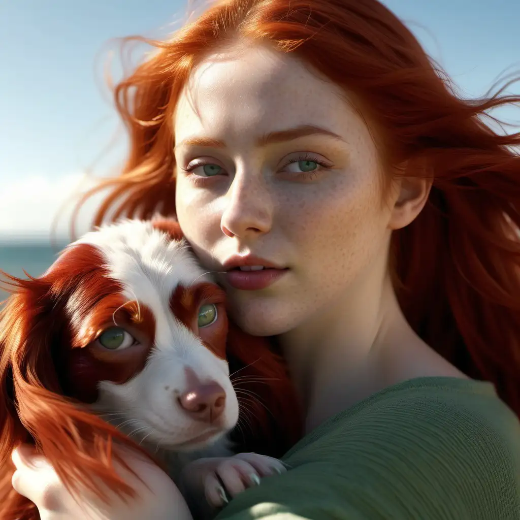 Magella Green 25 Embracing Bliss with Her Canine Companion on a Sunny Windy Day Hyperrealistic 8K Photography