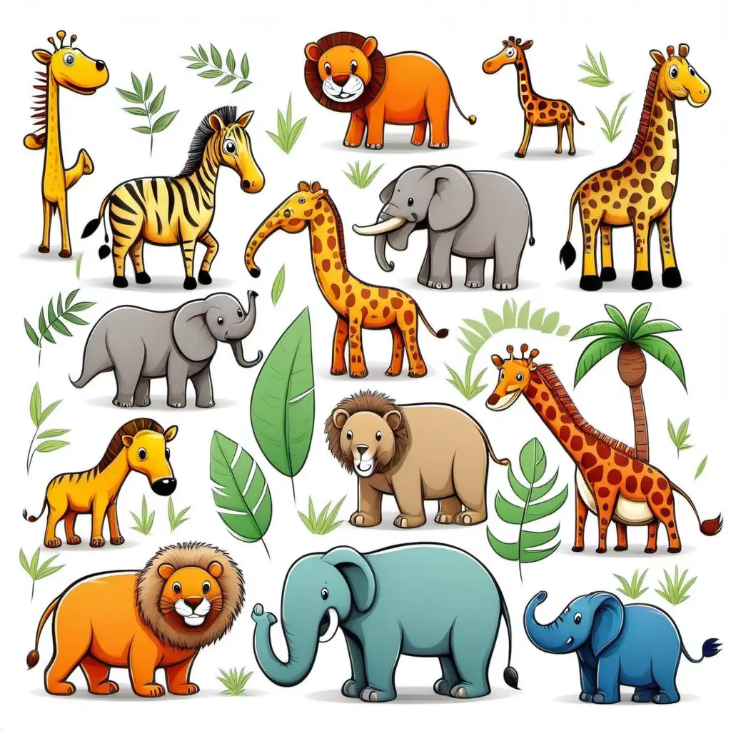 Cartoon Safari Animals Drawings for Kids on White Background