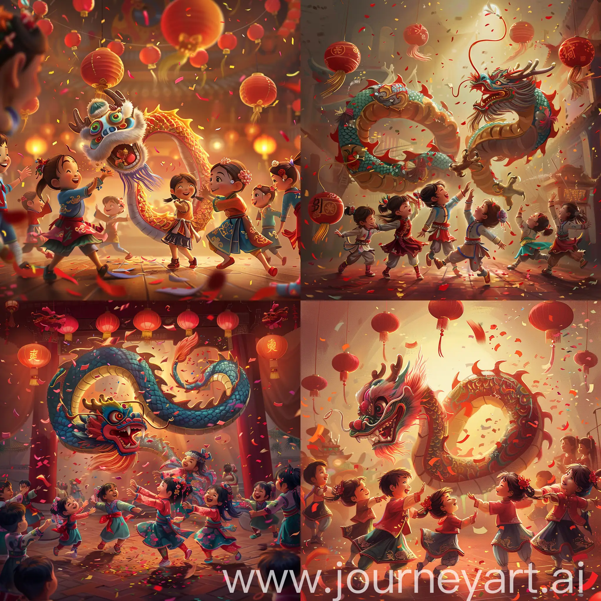 A vibrant and joyous Chinese New Year celebration during the Year of the Dragon. Capturing the festive atmosphere, illustrate a group of cheerful children in traditional Chinese attire dancing energetically with a colorful and ornate Chinese dragon. The dragon, animated and winding, is adorned with intricate patterns and auspicious symbols. Confetti flies through the air, and red lanterns hang above, bathing the scene in a warm, glowing light that highlights the children's delighted faces and the dragon's majestic presence. The entire tableau is steeped in cultural richness, embodying the spirit and traditions of the festival. --v 6 --ar 1:1 --no 26168