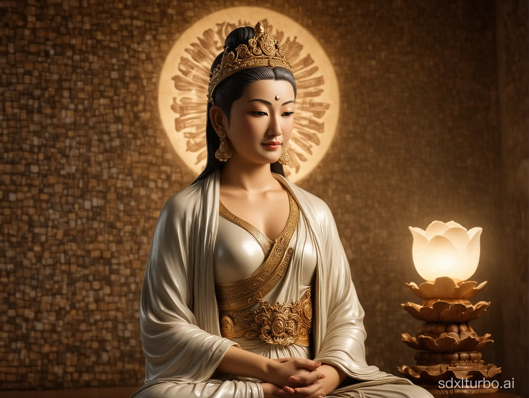 The real version of Guanyin Bodhisattva as a beautiful woman, with Buddha light behind her,