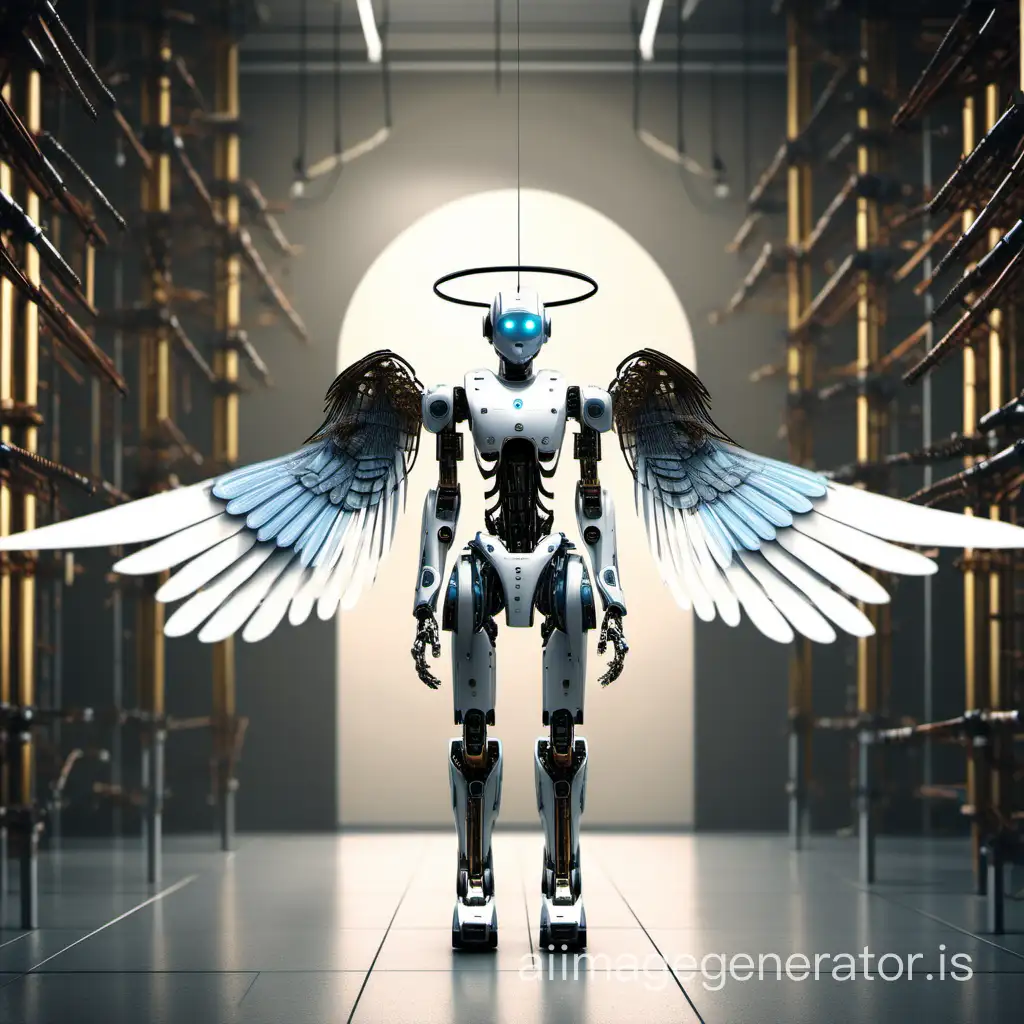 A robot with wings like an angel gives a person a neural network