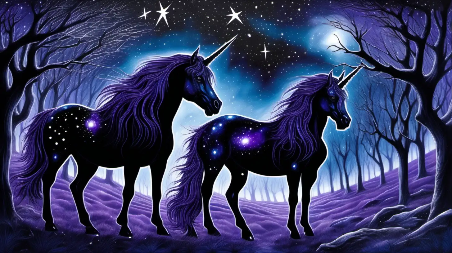 two beautiful black unicorns, their coats and manes shining with stars and the universe, one male and one female, similar to Sue Dawe artwork in a shadow laden dark gothic magical realm  magical forest with various shades of purple, blue and black desolate landscape