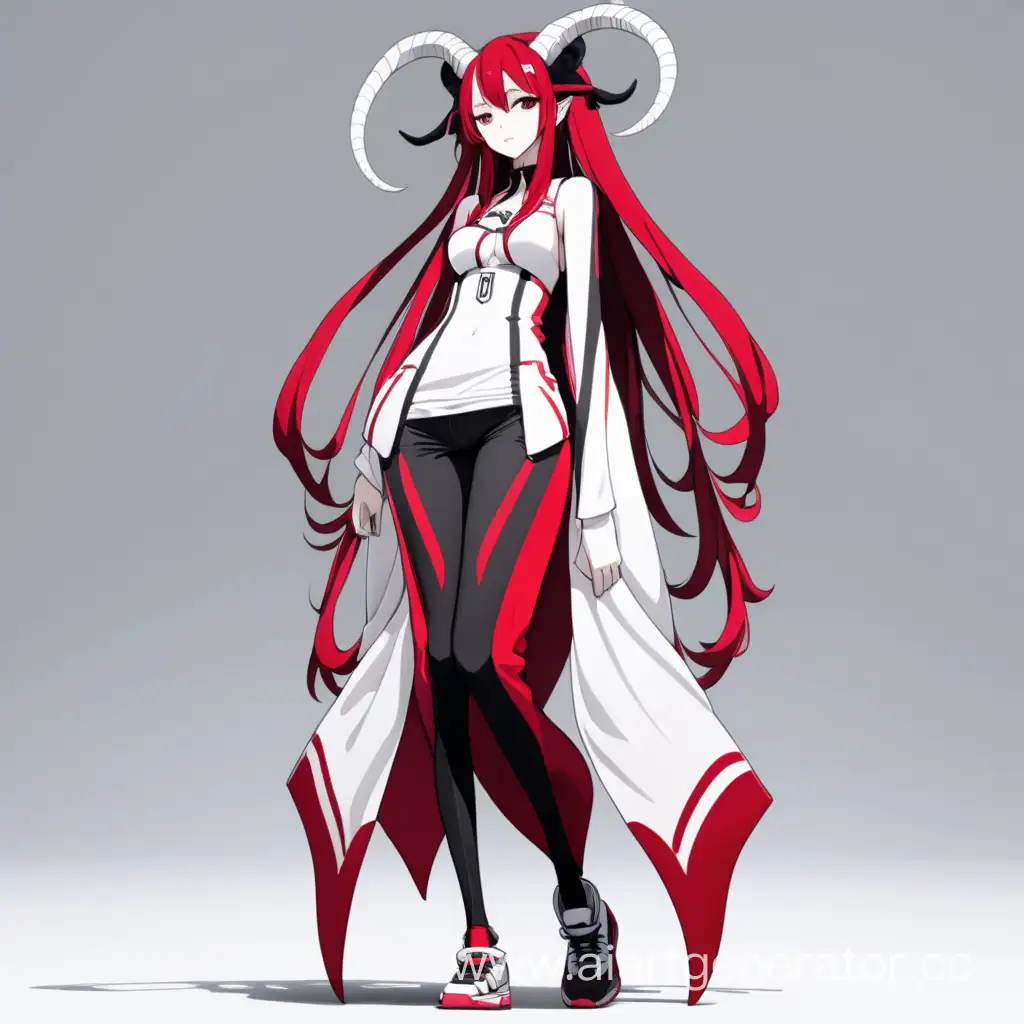 высока девушка, аниме стиль, 4K качество, красно-бело-чёрная достаточно закрытая одежда, длинные опущенные рога, длинные до пола волосы