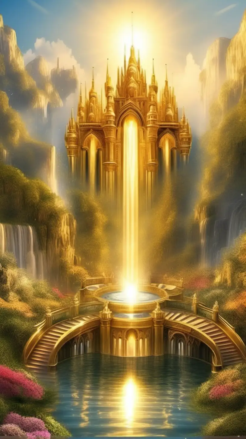 Divine Nature Radiant Gold Castle amidst Flower Gardens and Waterfalls