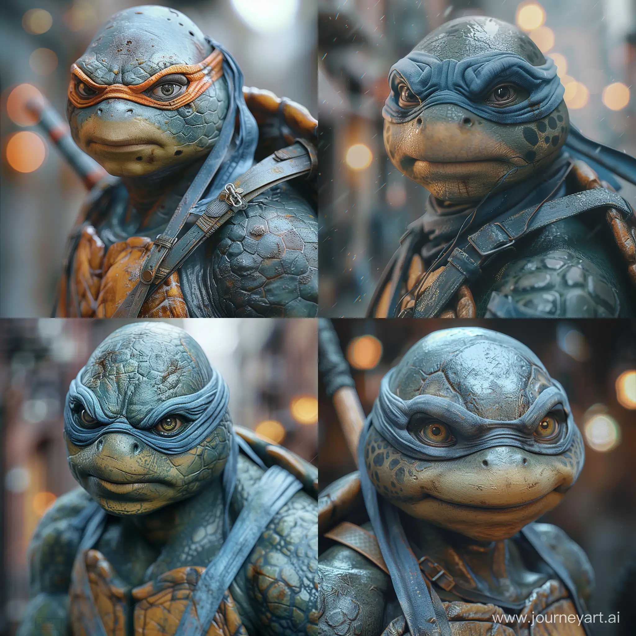 Micelangelo, Teenage Mutant Ninja Turtles, Professional Kader, hyper realistic, ultra detailed photograph, captured with a 85mm lens, f4. 6, bokeh, ultra detailed, ultra accurate detailed, urban settin, ultra unreal engine, intricate, --stylize 750 --v 6
