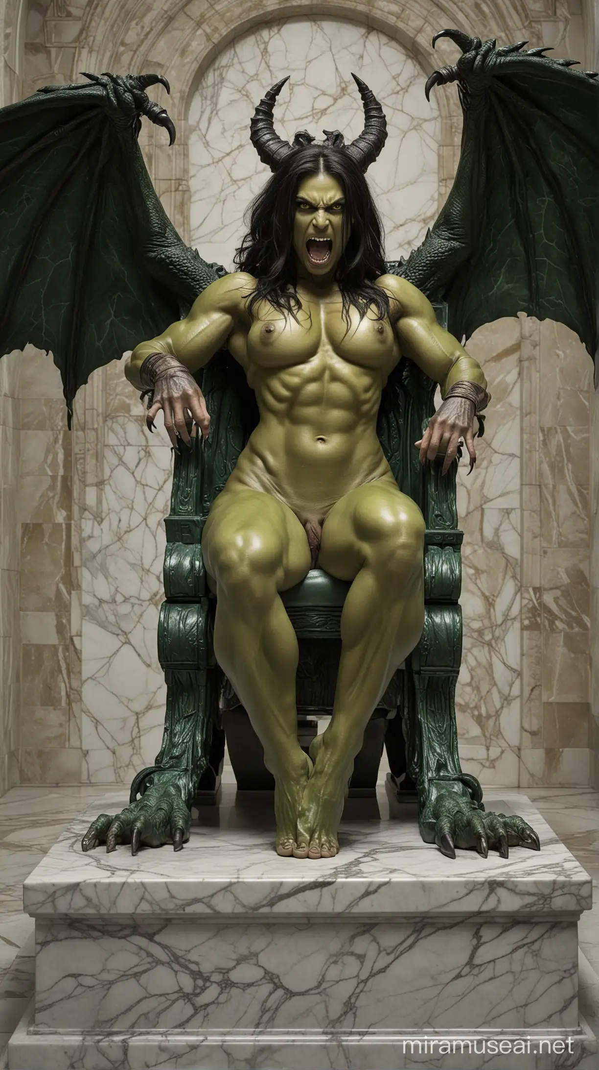 Powerful Female Monster with Dragon Wings Seated on Throne