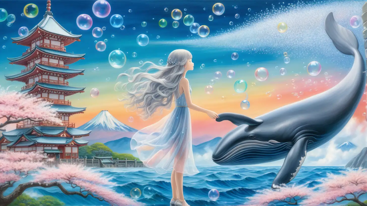 DIORAMA, ghibli inspired painting of beautiful enchanting slender, long silver wavy hair, sheer flowy dress, 18 YEAR OLD girl, ethereal princess, playing with a big blue whale, tokyo skyline, sea of clouds, temple, cherryblossoms, colorful, waves and bubbles