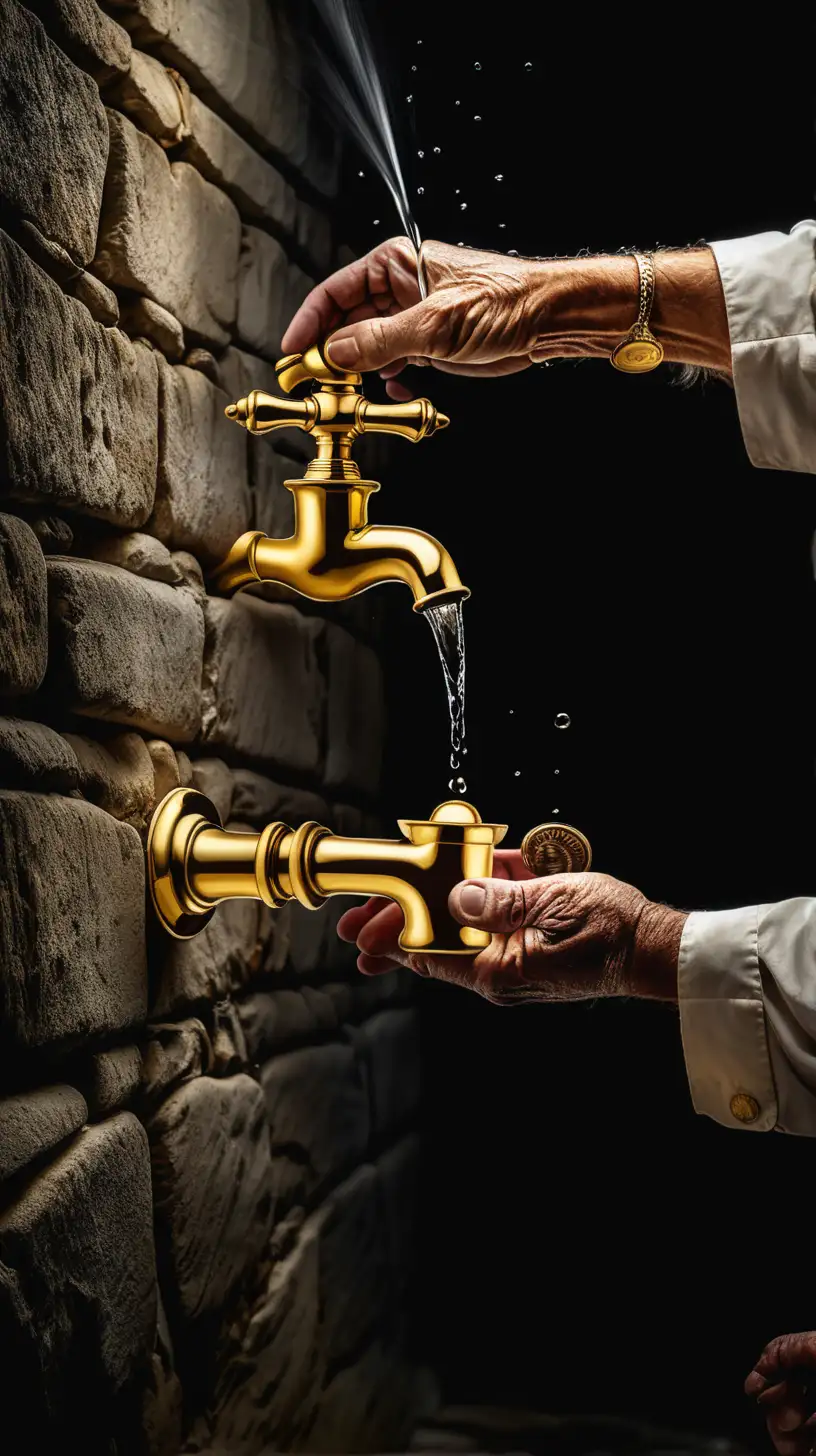 Detailed Image of Old Man with Gold Faucet and Cup on Black Background