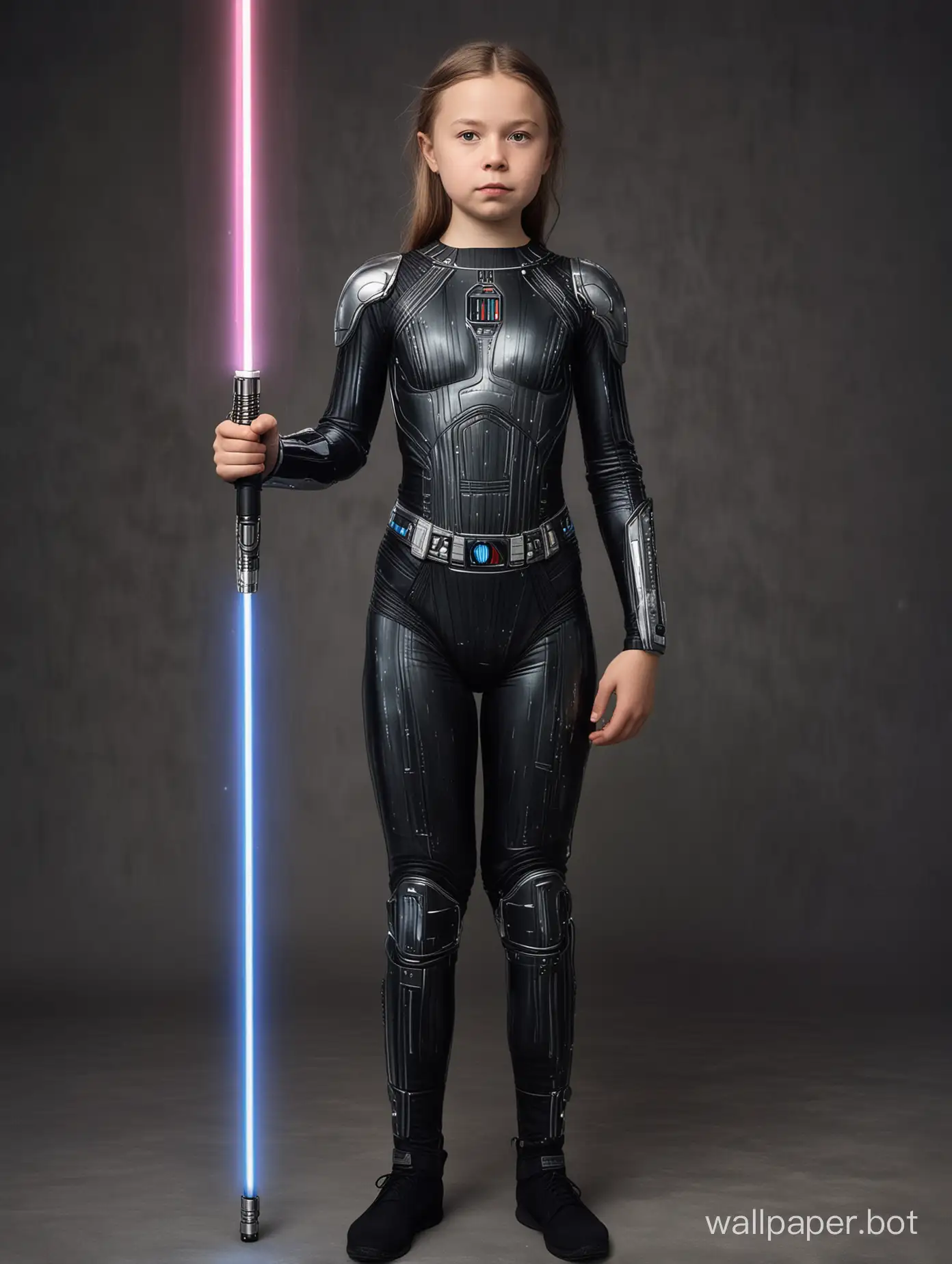 Greta Thunberg, 12 years old, in full growth in a magnificent bodysuit with a lightsaber in a distant galaxy