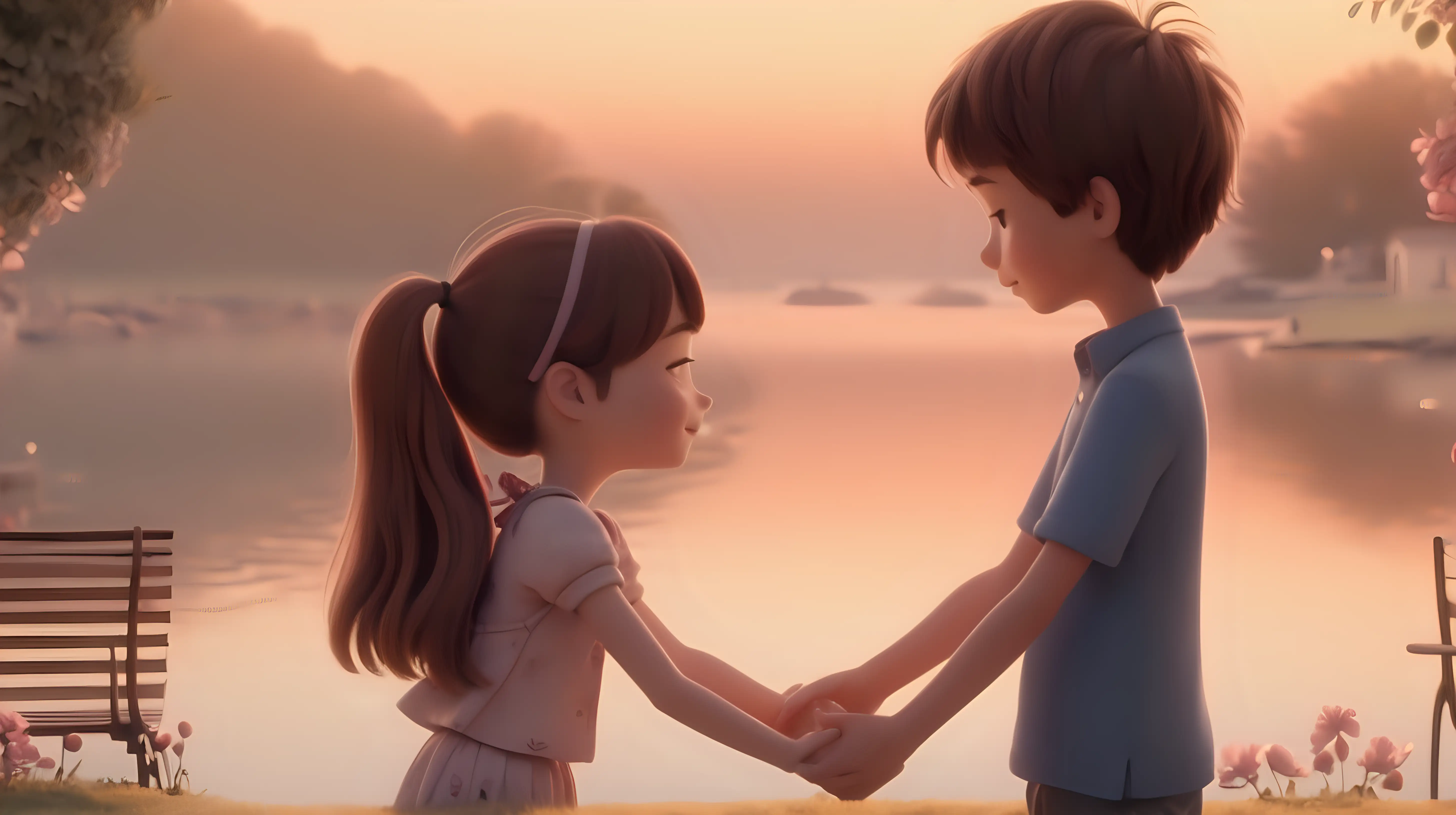 A delightful and romantic animation featuring a boy and girl exchanging soft hugs in a beautiful, serene setting.
