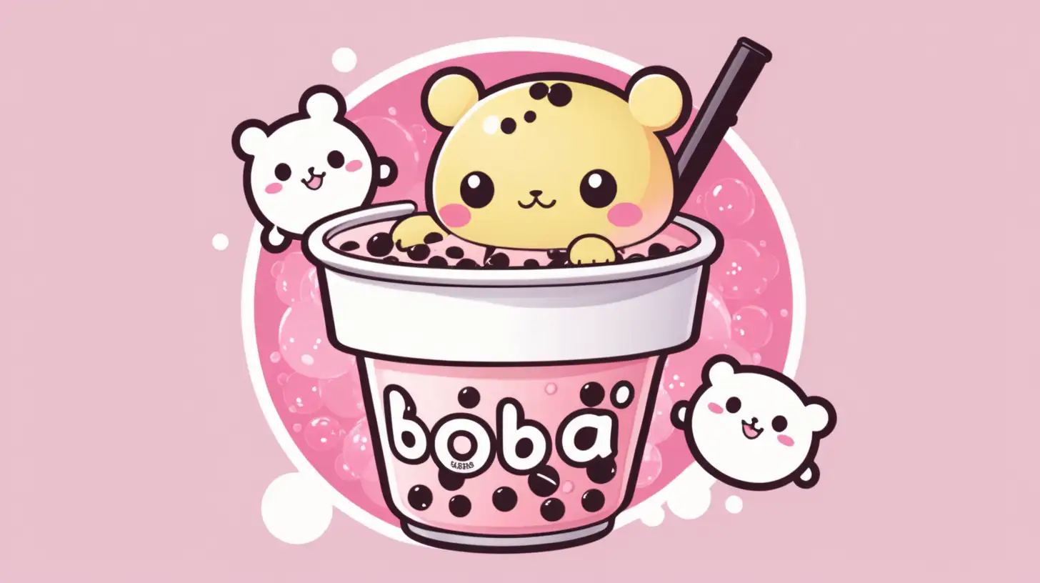 Rika's Boba tittle logo at the center. Bubble tea with pink cute cartoonist background. 