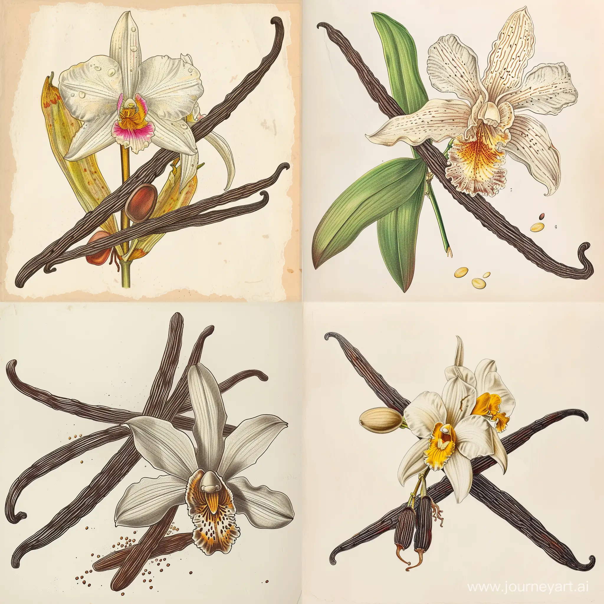a vintage scientific drawing of a vanilla orchid and vanilla bean, realistic sketch on paper, subtle colors