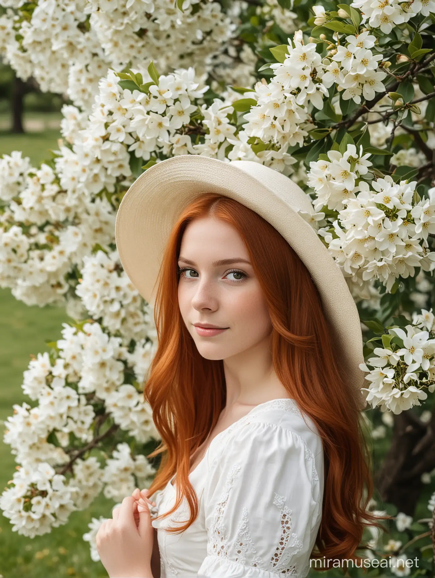 عکس پرتره از دختری جوان با موهای قرمز و کلاه سفید و لباس کلاسیک در کنار شکوفه های سفید 
  درخت 