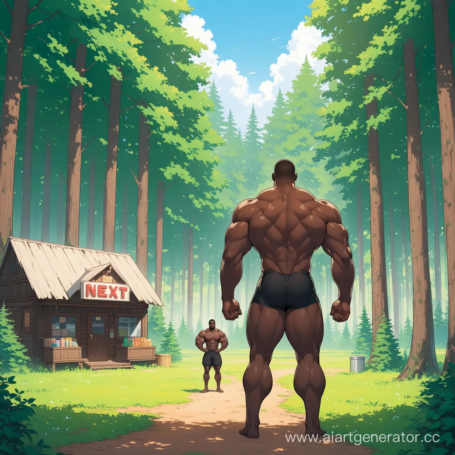 Muscular-African-American-Man-in-Woods-Clearing-with-Quaint-Store